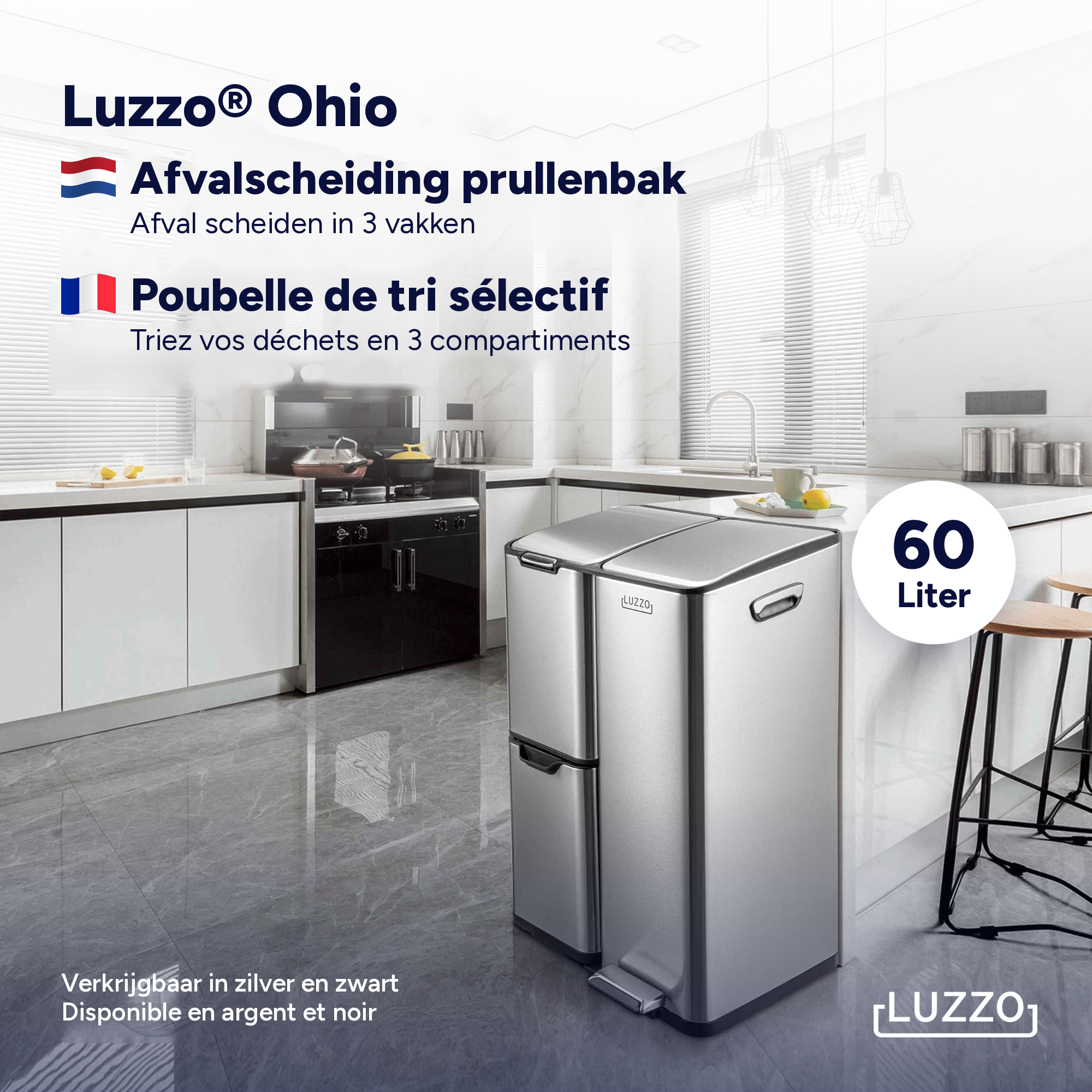 Luzzo Ohio Pedaalemmer Afvalscheiding 60 liter - 3 bakken - Zilver