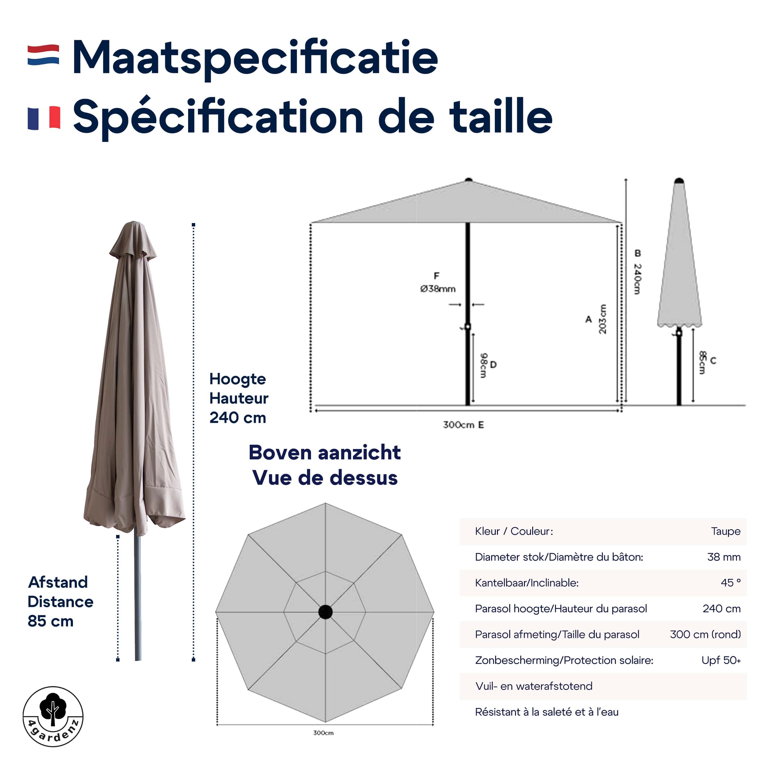 4gardenz® Parasol Rond 300 cm met Volant - Kantelbaar - UPF50+ - Taupe 4gardenz® Parasol Rond 300 cm met Volant - Kantelbaar - UPF50+ - Taupe