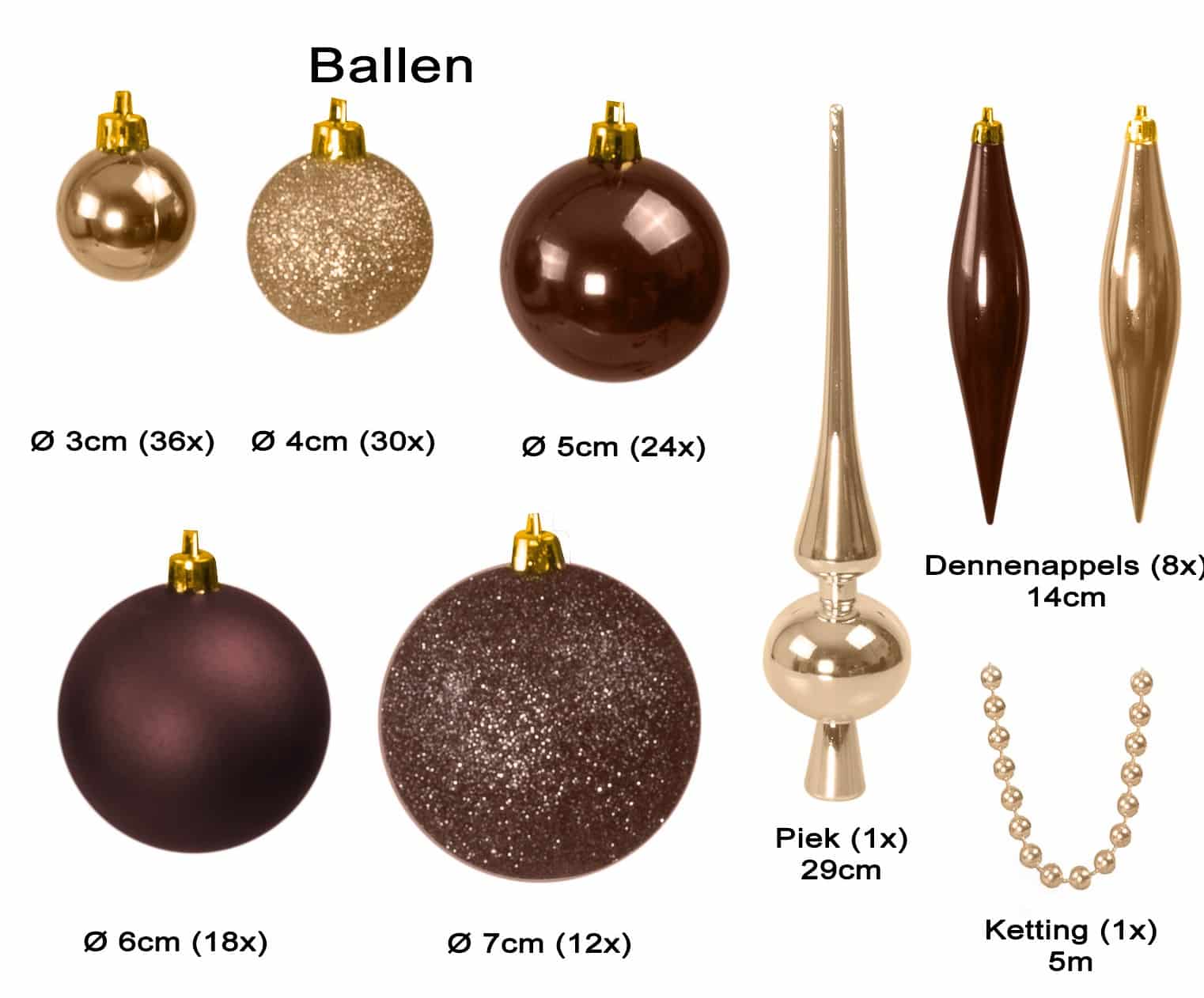 Kunststof Kerstballen set 130 ballen, piek, parelsnoer - Champagne/Bruin