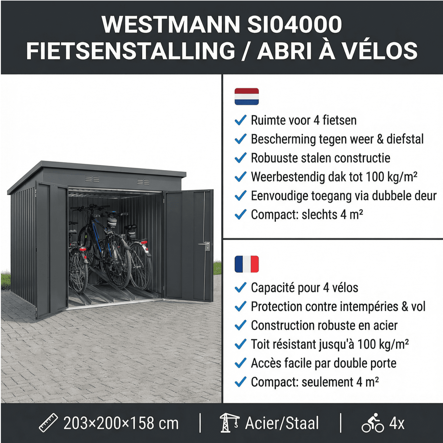 Westmann Fietsenberging - fietsen opslag 200x203x158 cm - Antraciet