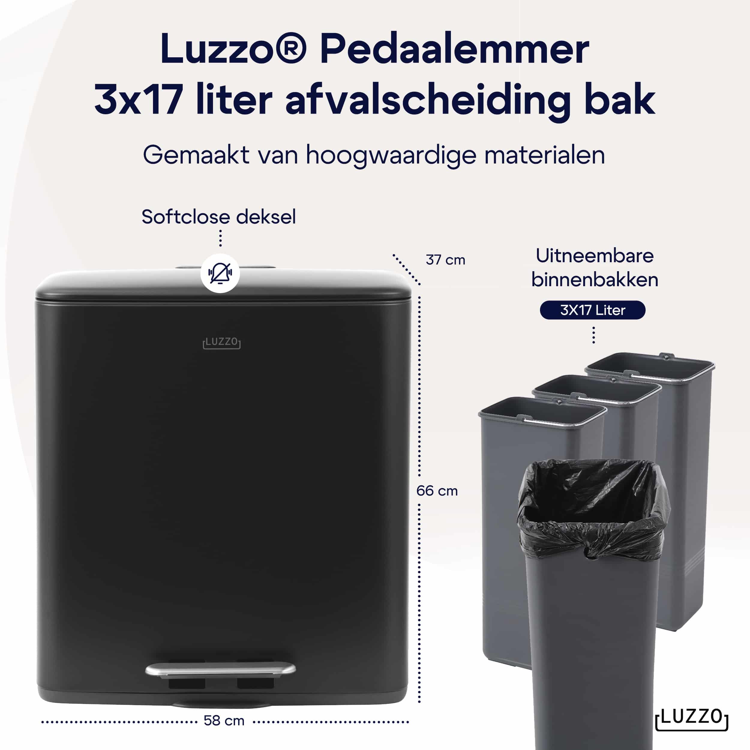 Luzzo® Pedaalemmer 51 liter - 3x17 ltr - Afvalbak Afvalscheiding - Zwart