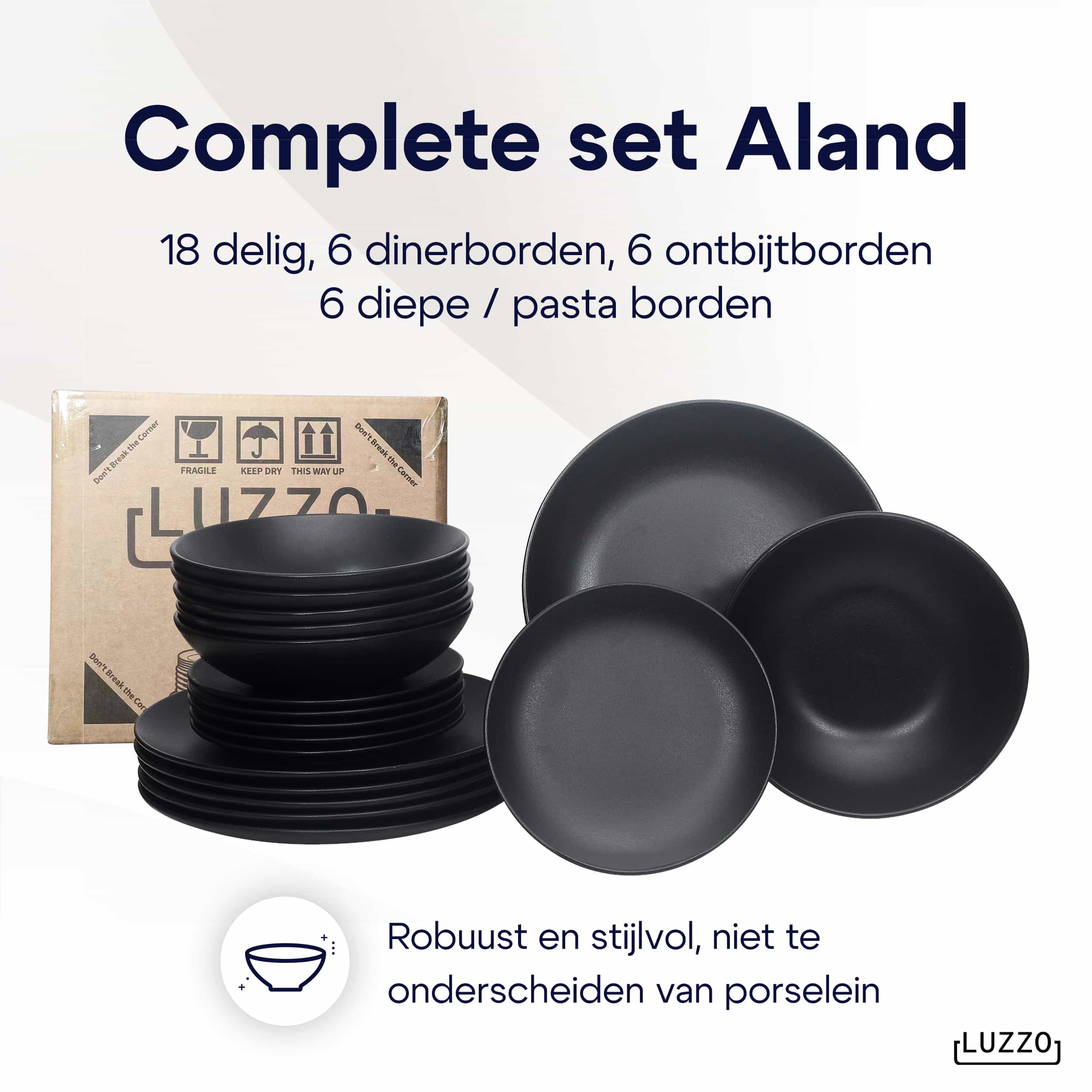 Luzzo® Serviesset Aland 6 persoons Aardewerk - 18-delig met Pastaborden - Mat Zwart