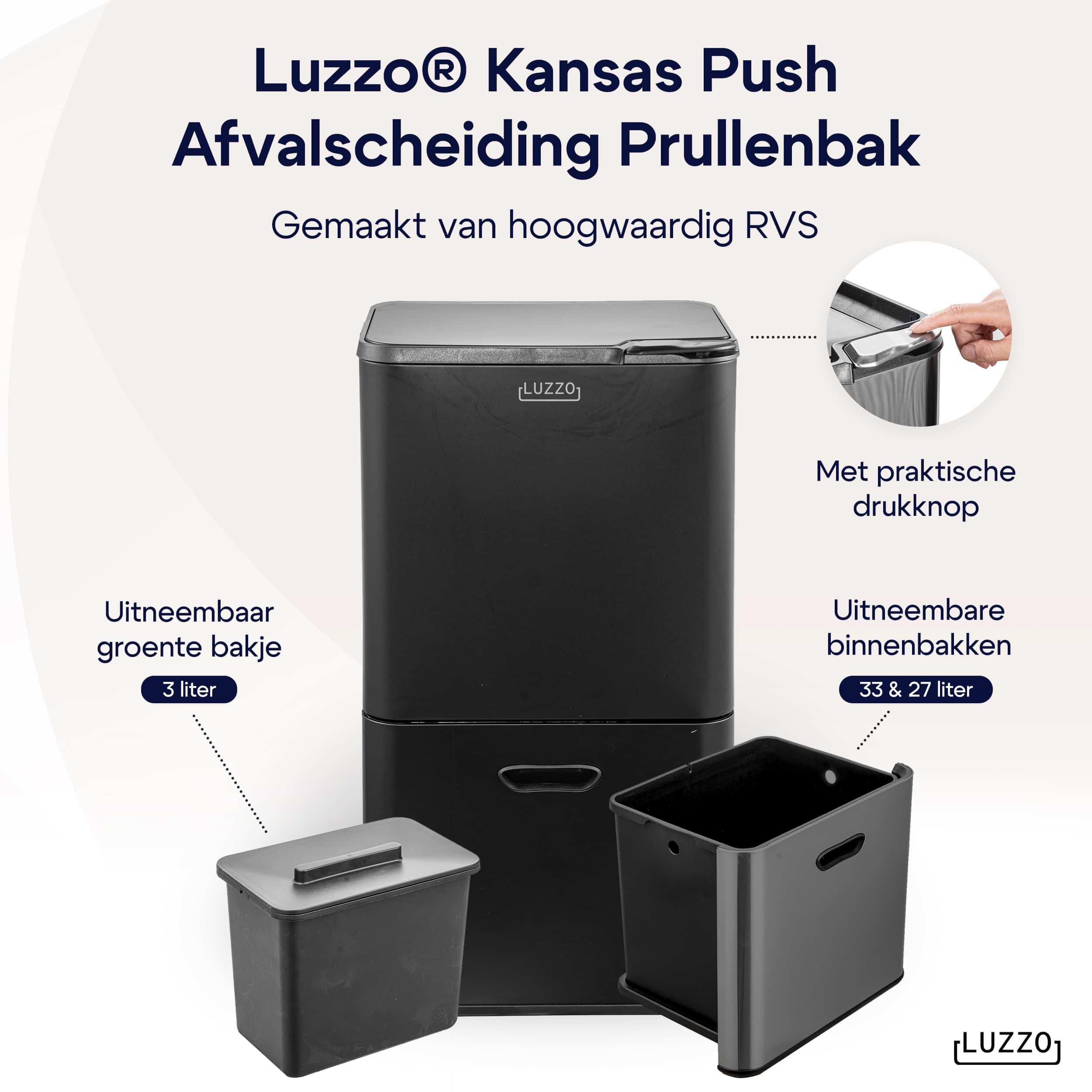 Luzzo® Kansas Push Prullenbak 63 liter Afvalscheiding 4 vakken - Afval Scheiden - Zwart