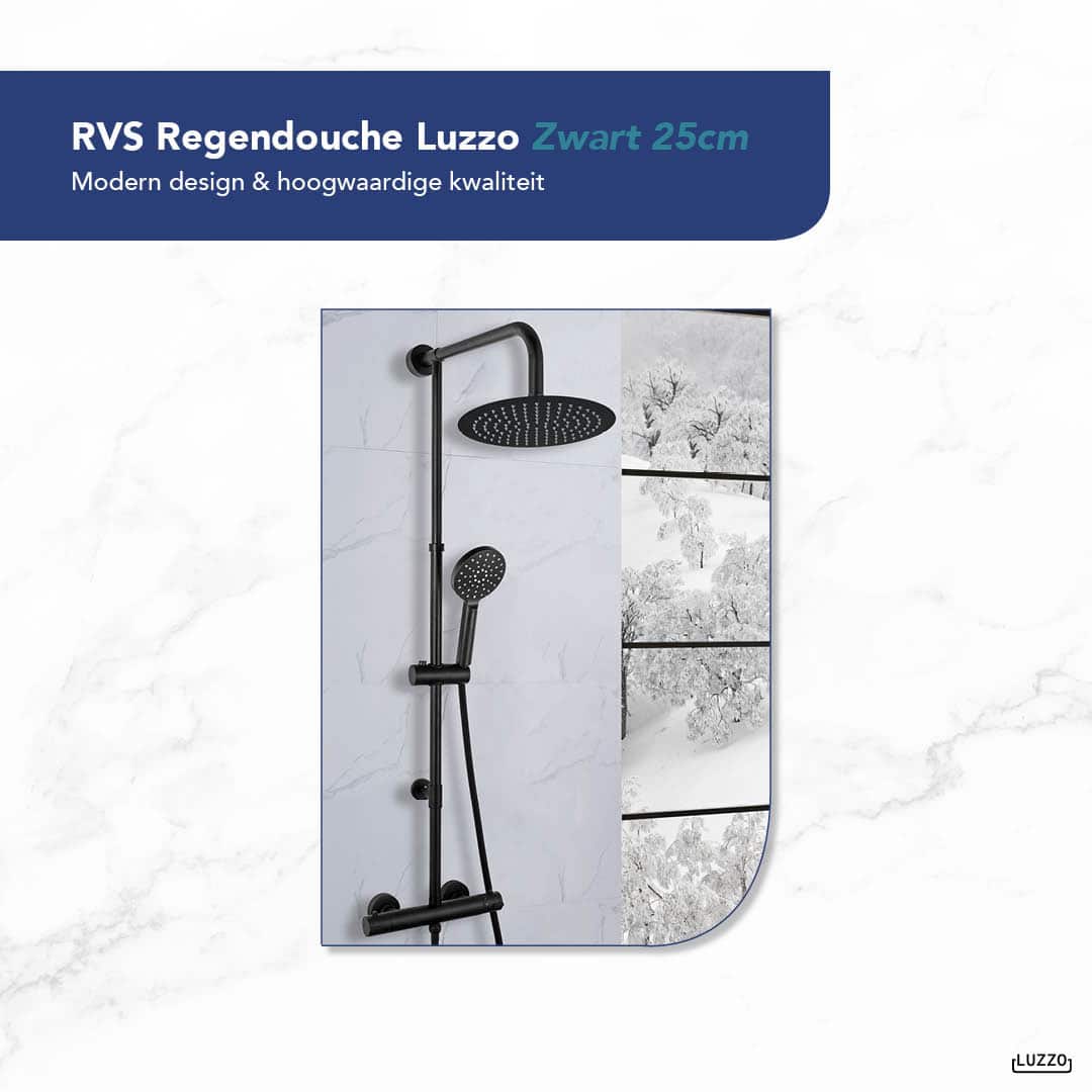 Luzzo® 25 cm Regendouche met Thermostaatkraan - Zwart