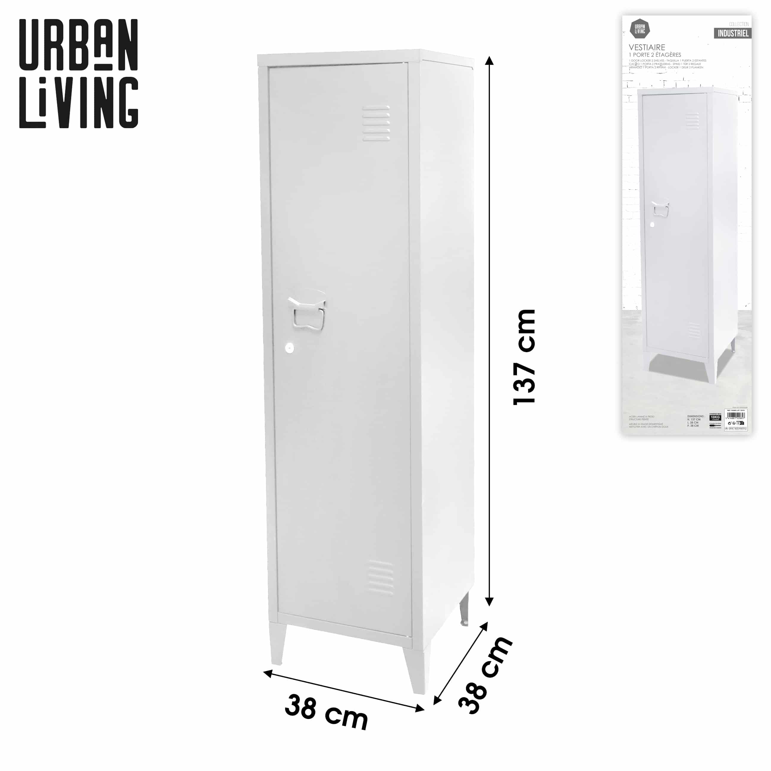 Urban Living Metalen Locker Industrieel 38x38x137 cm - Wit
