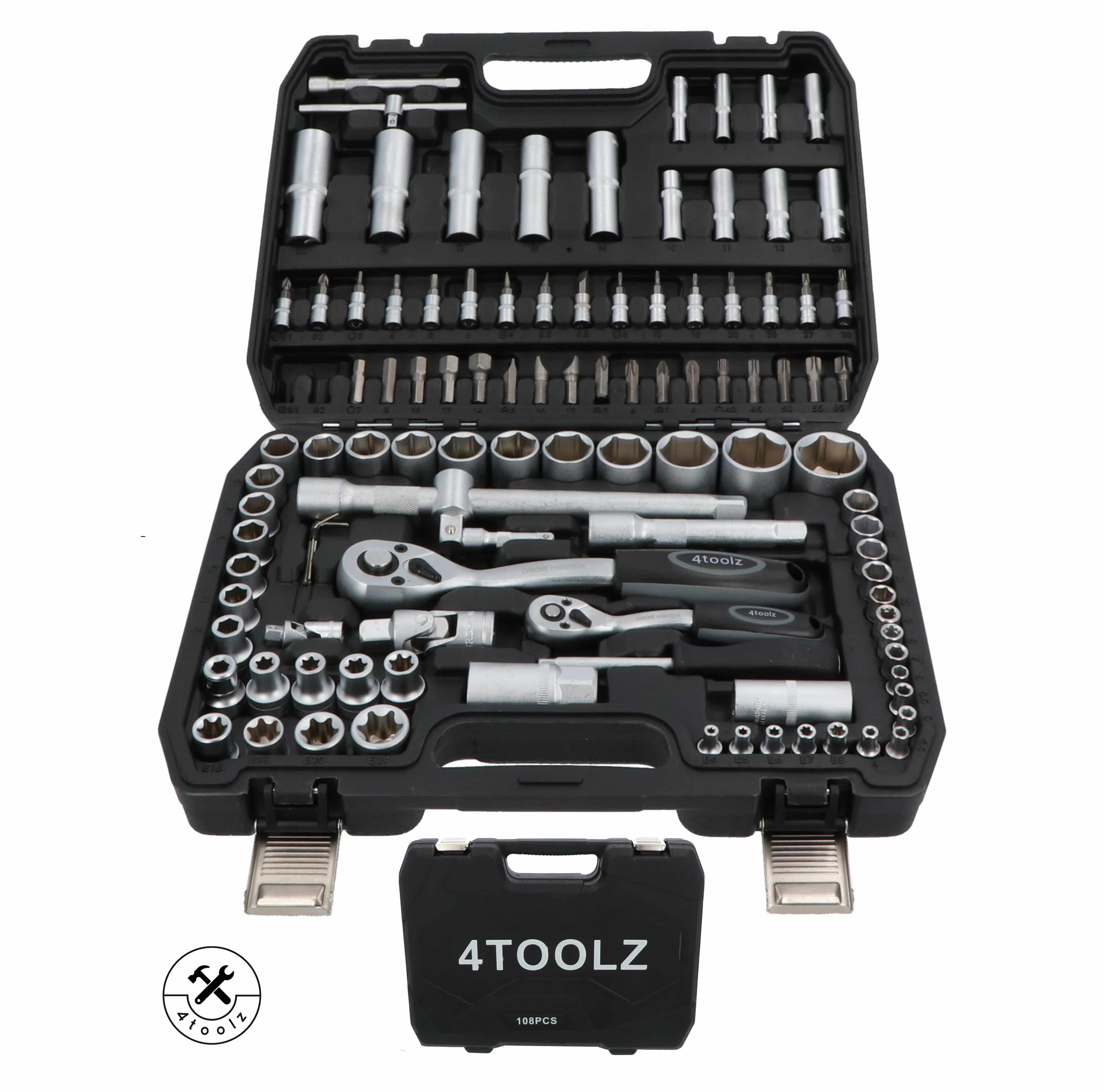 4toolz ® Doppenset 108-delig in Koffer - 72 tands Ratels 1/2&quot; en 1/4&#039;&#039; Doppen en Bit-set
