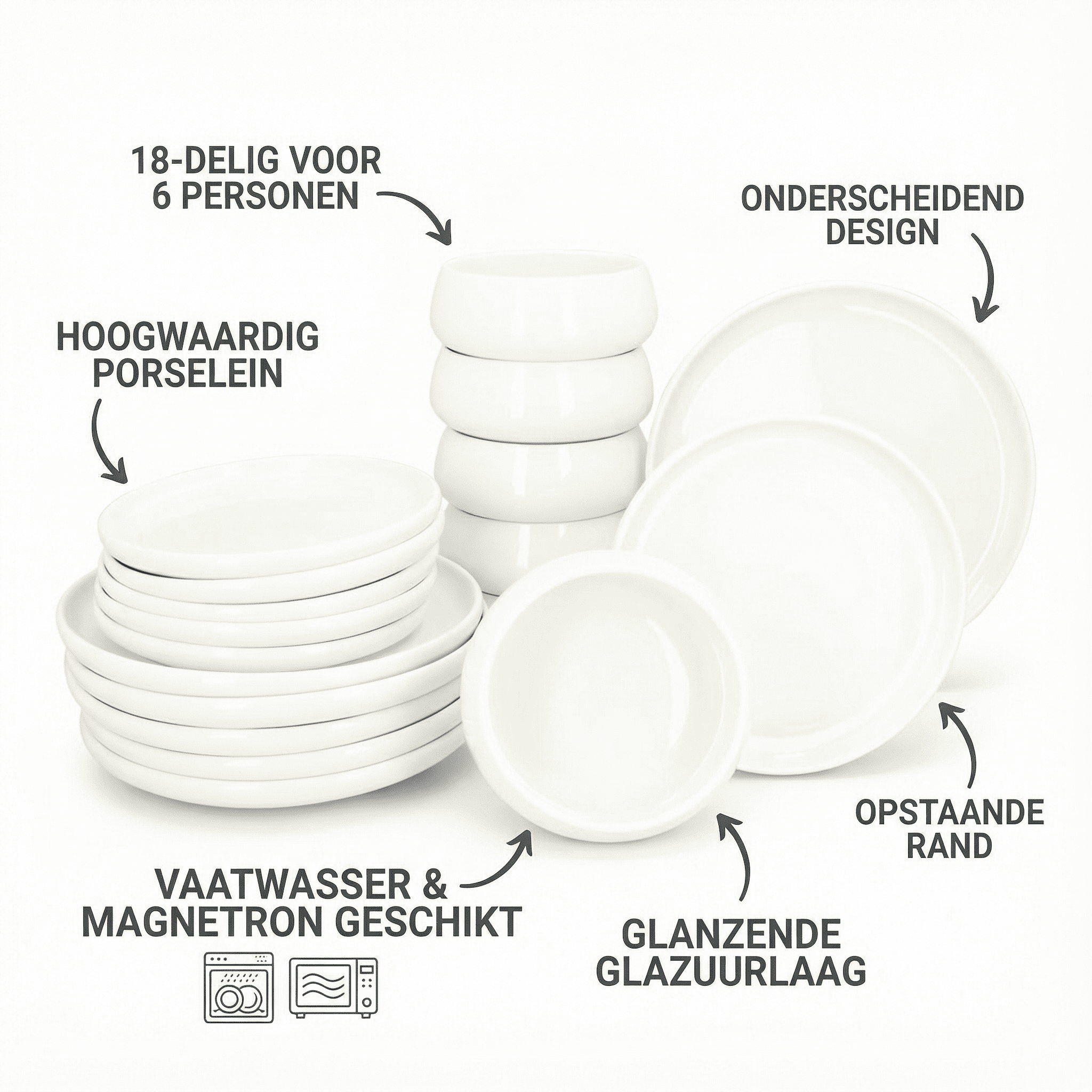 Serviesset Nora 18 delig - 6 persoons porselein servies - Wit