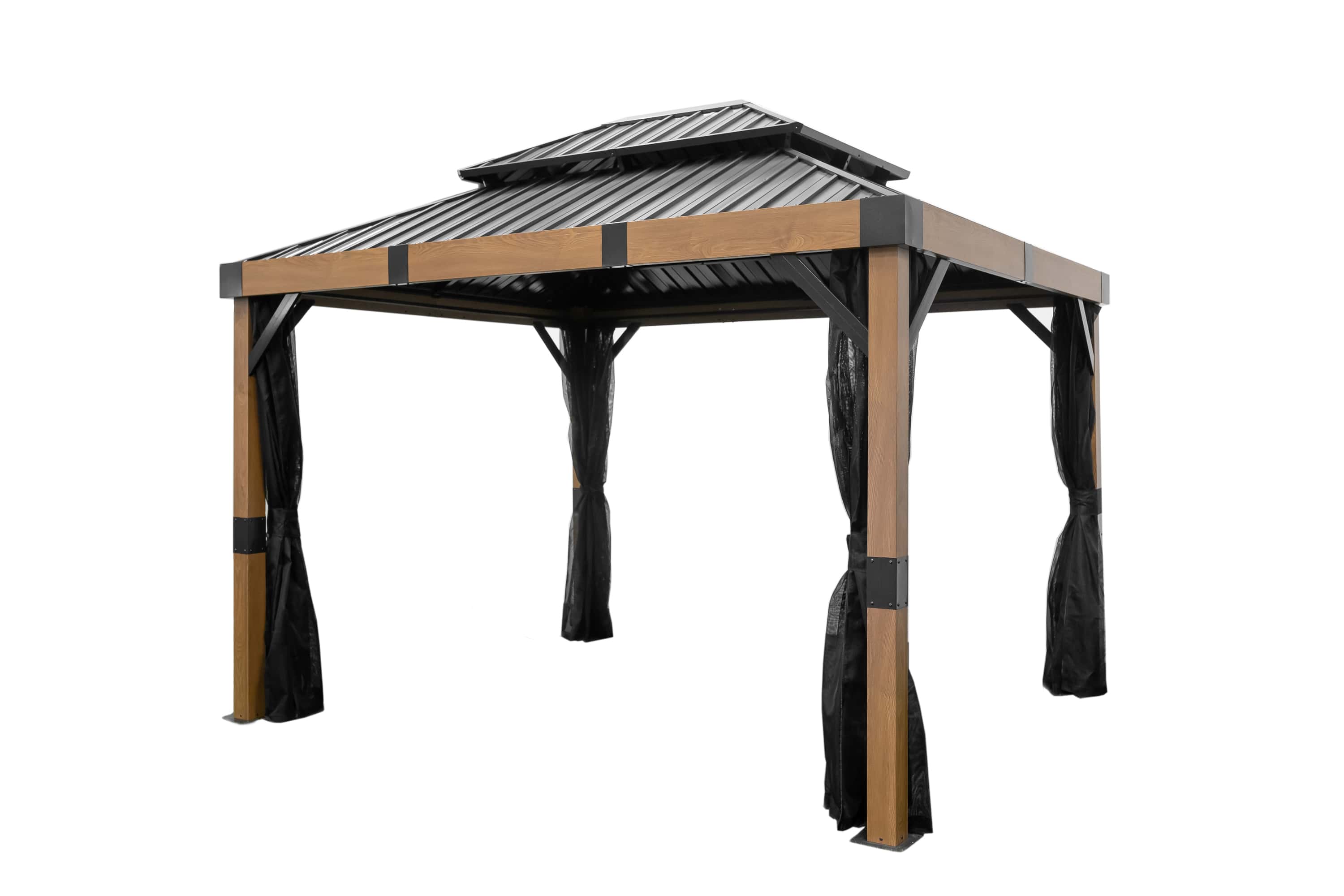 Sojag Fontana Aluminium Paviljoen met hard dak en muggennet - Houtlook/Zwart
