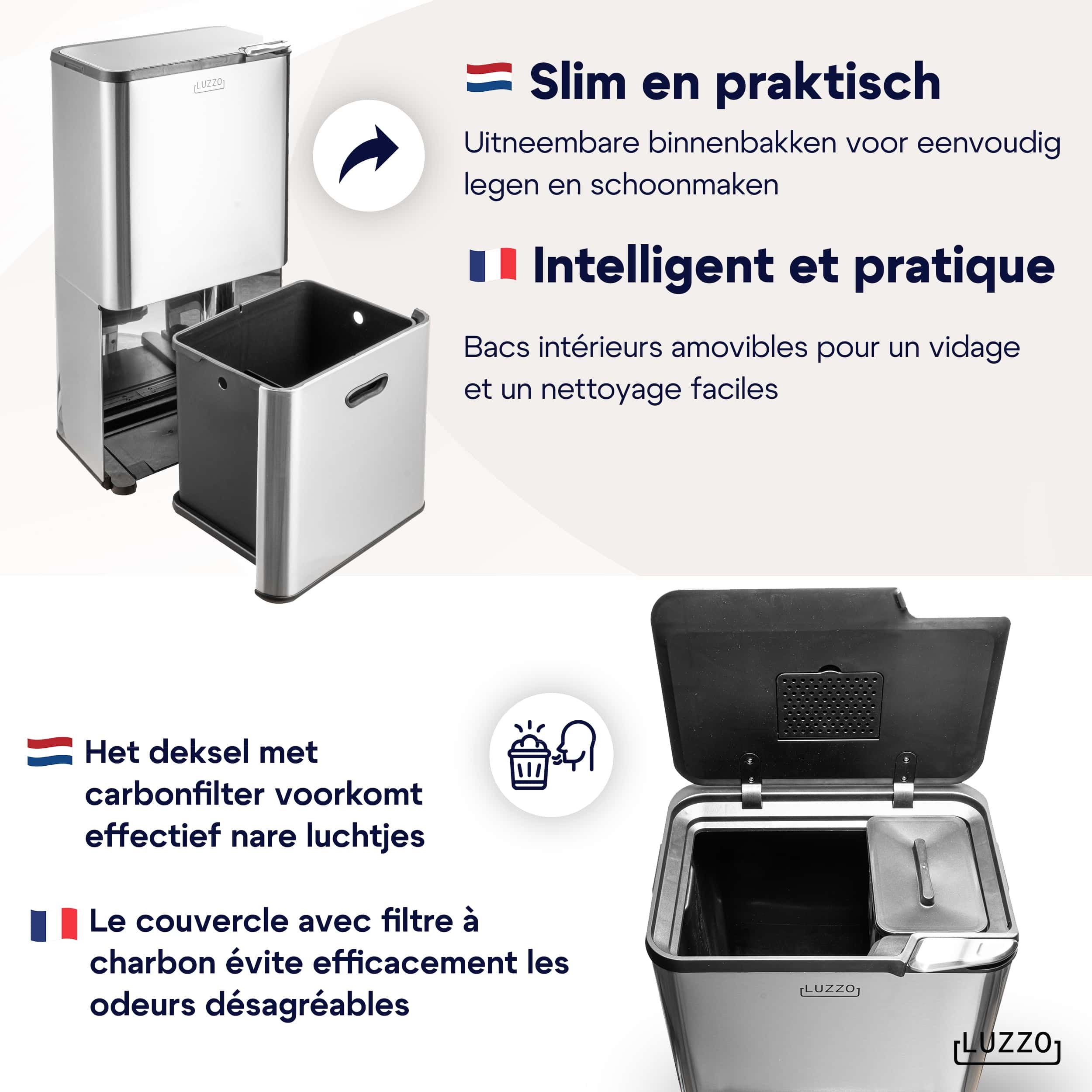 Luzzo Kansas Prullenbak 63 liter Afvalscheiding 4 vakken - Metal Grey