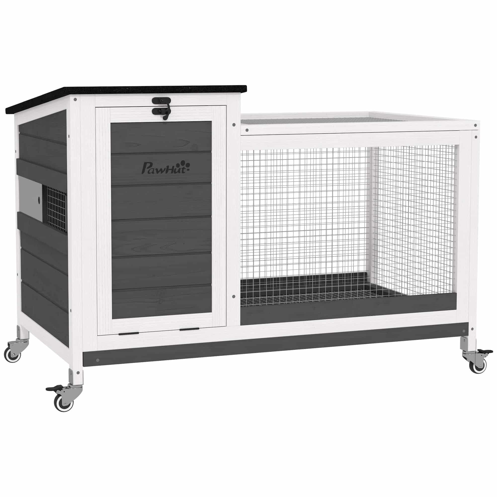 Houten Konijnenhok met Loopgedeelte - voor Binnen &amp; Buiten 92x52x67 cm - Grijs
