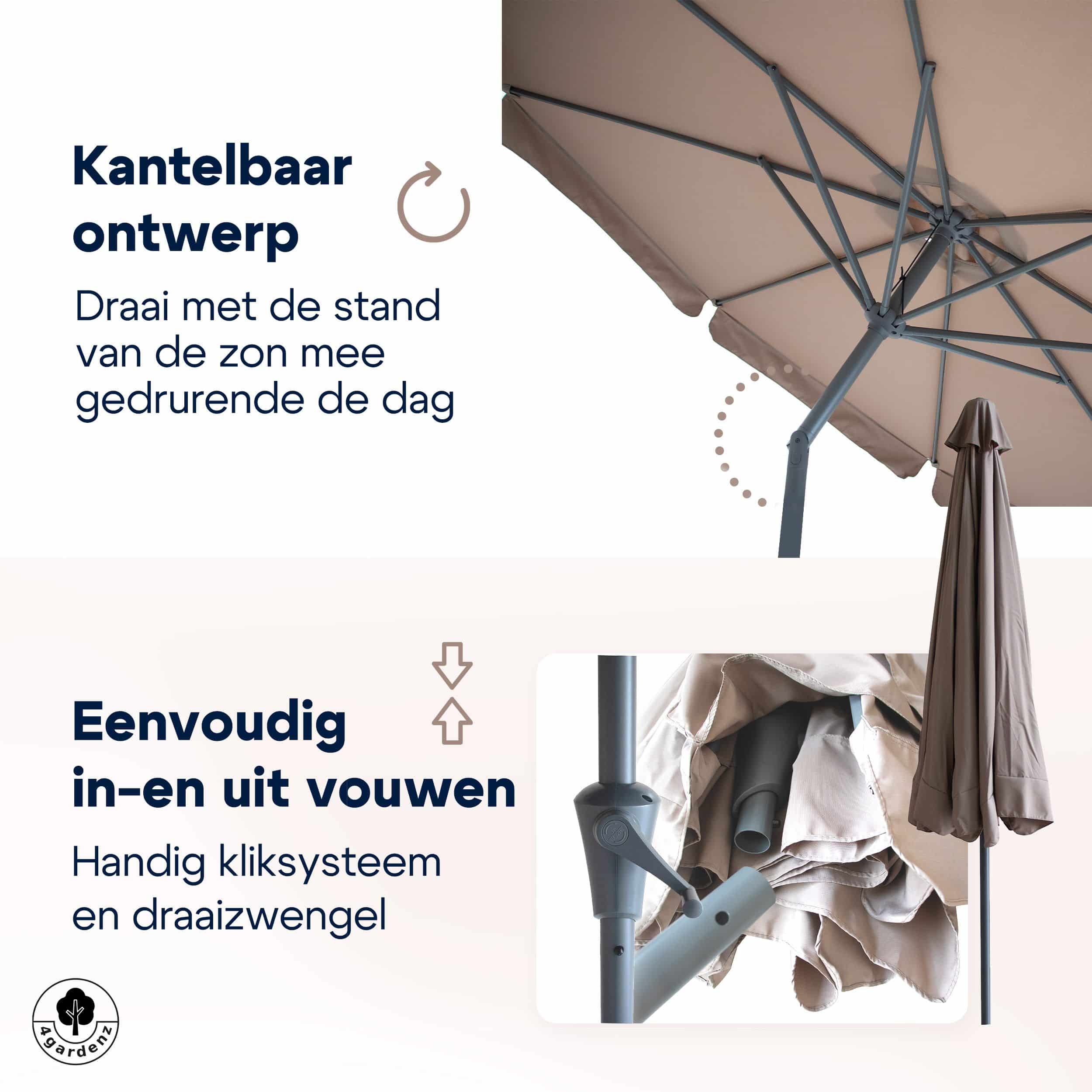 4gardenz® Parasol Rond 300 cm met Volant - Kantelbaar - Taupe