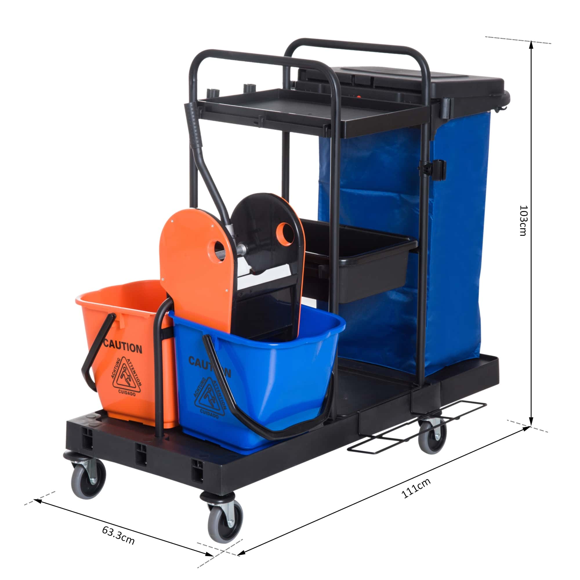 Schoonmaakkar Schoonmaakwagen met wringer en 2 emmers op 4 wielen