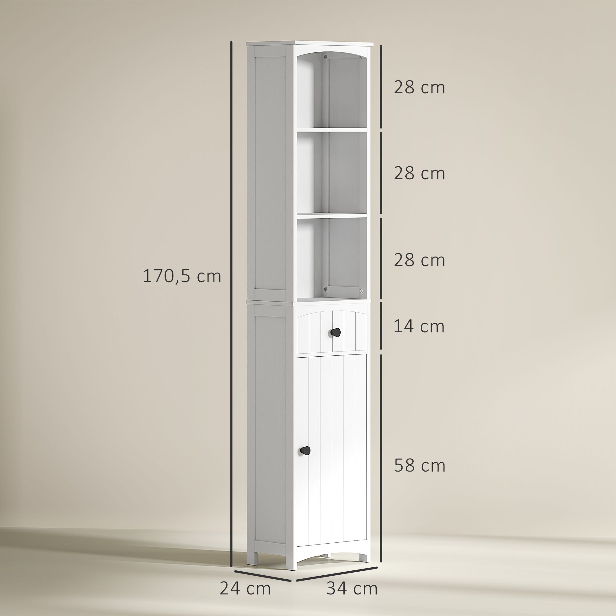 4goodz Badkamerkast 24x34x170 cm - Kolomkast 3 vakken en 1 lade - Wit