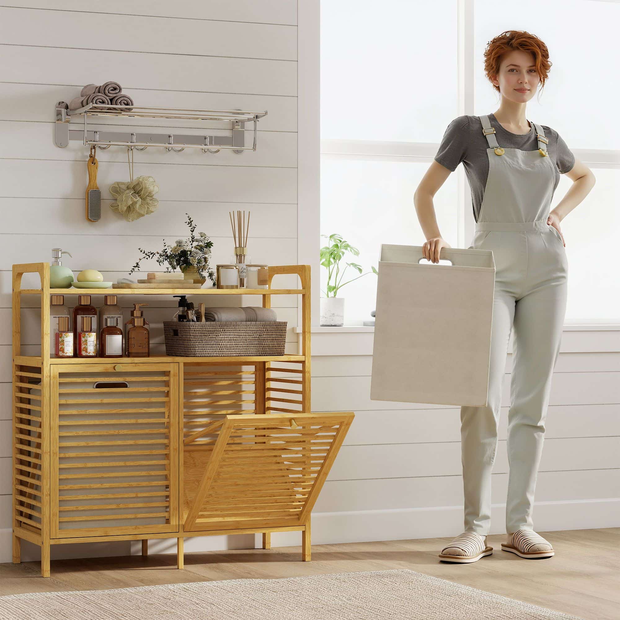 Bamboe Wasmand 82 liter met 2 los kantelbare wasmanden - Bruin Bamboe Wasmand 82 liter met 2 los kantelbare wasmanden - Bruin