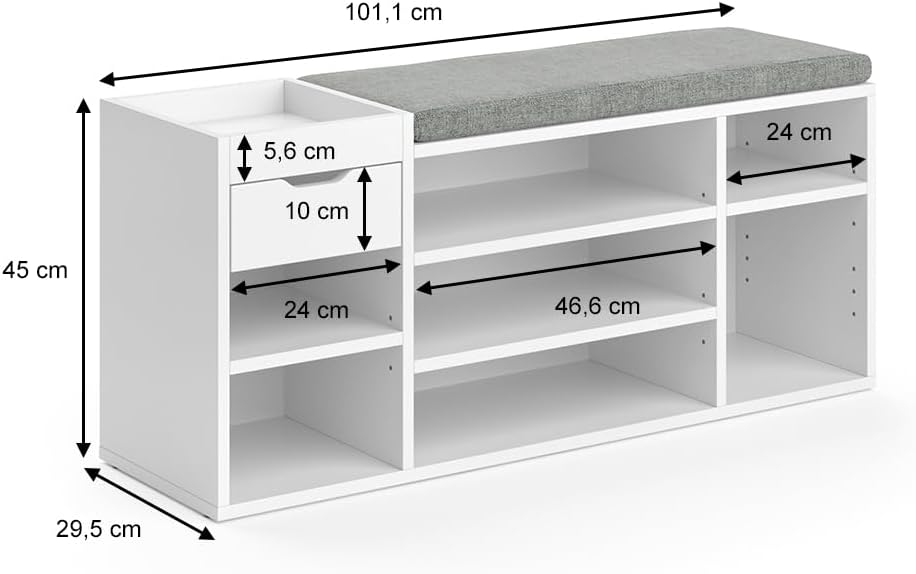 Schoenenbank met kussen 101x29,5x48 cm - 7 vaks met lade - Wit