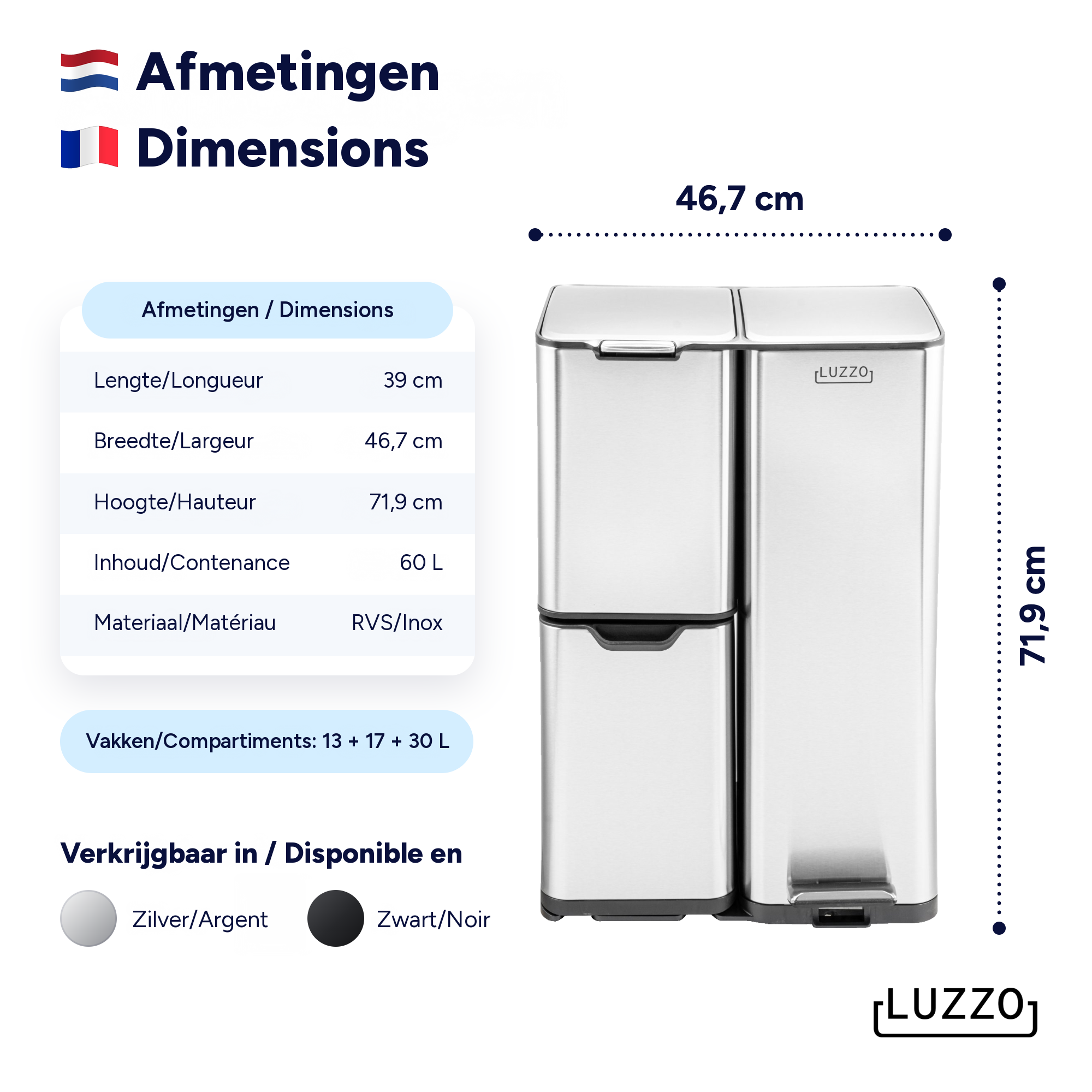 Luzzo Ohio Pedaalemmer Afvalscheiding 60 liter - 3 bakken - Zilver