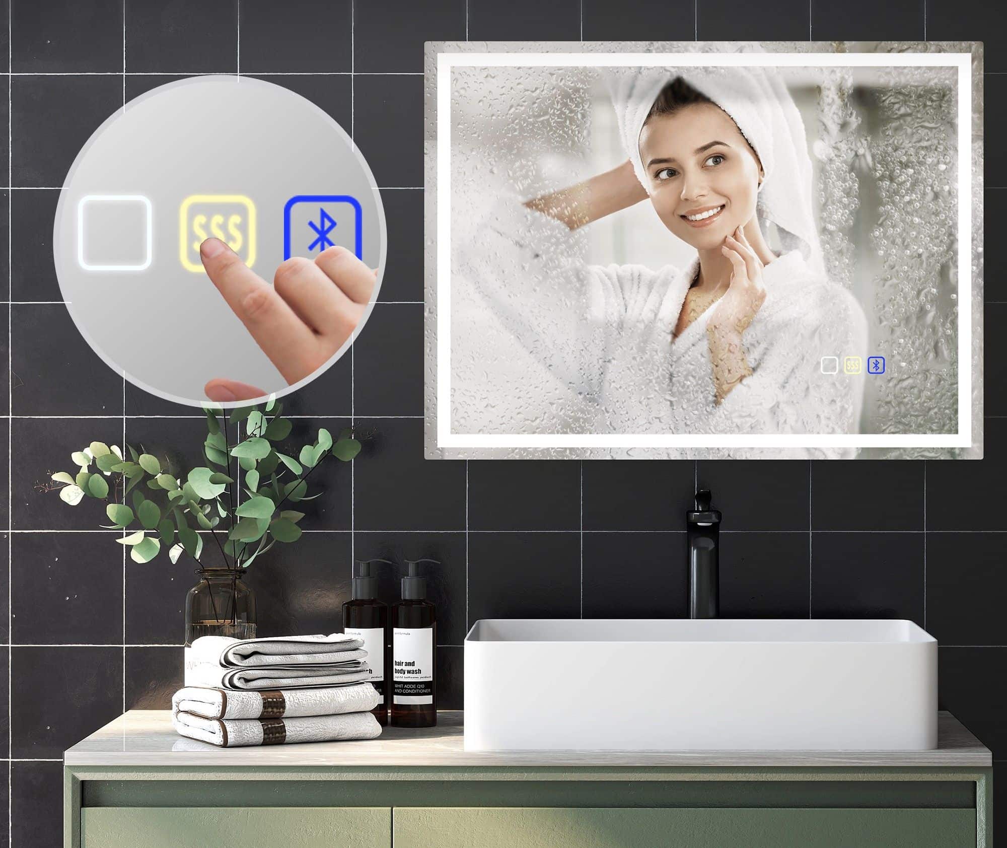 LED Badkamerspiegel met Verlichting, muziek en klok - Anti-condens - 60x80 cm