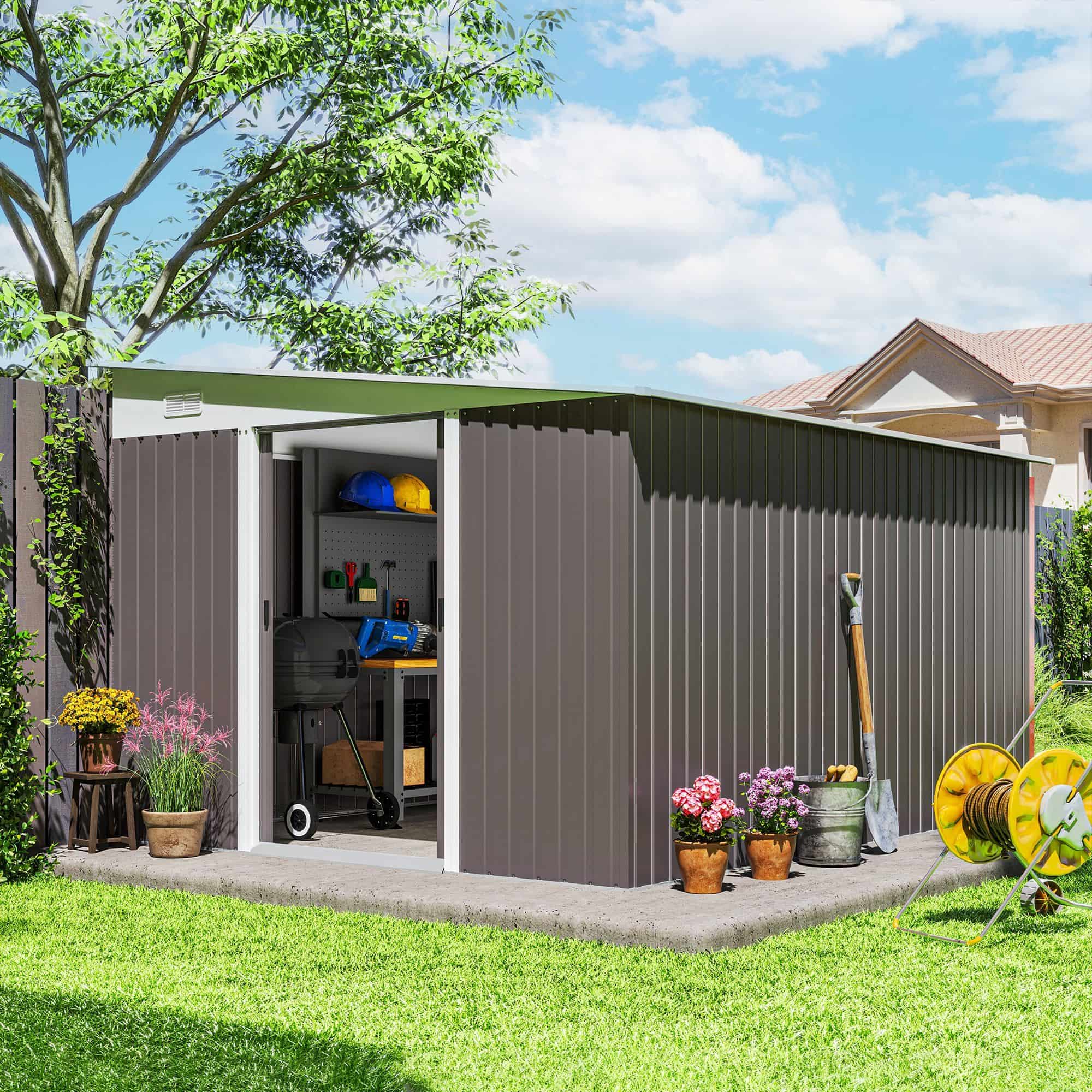 Metalen Tuinschuur met Schuin Dak - Dubbele Vergrendelbare Deuren - 2,8 x 3,45 x 2,01m - Grijs