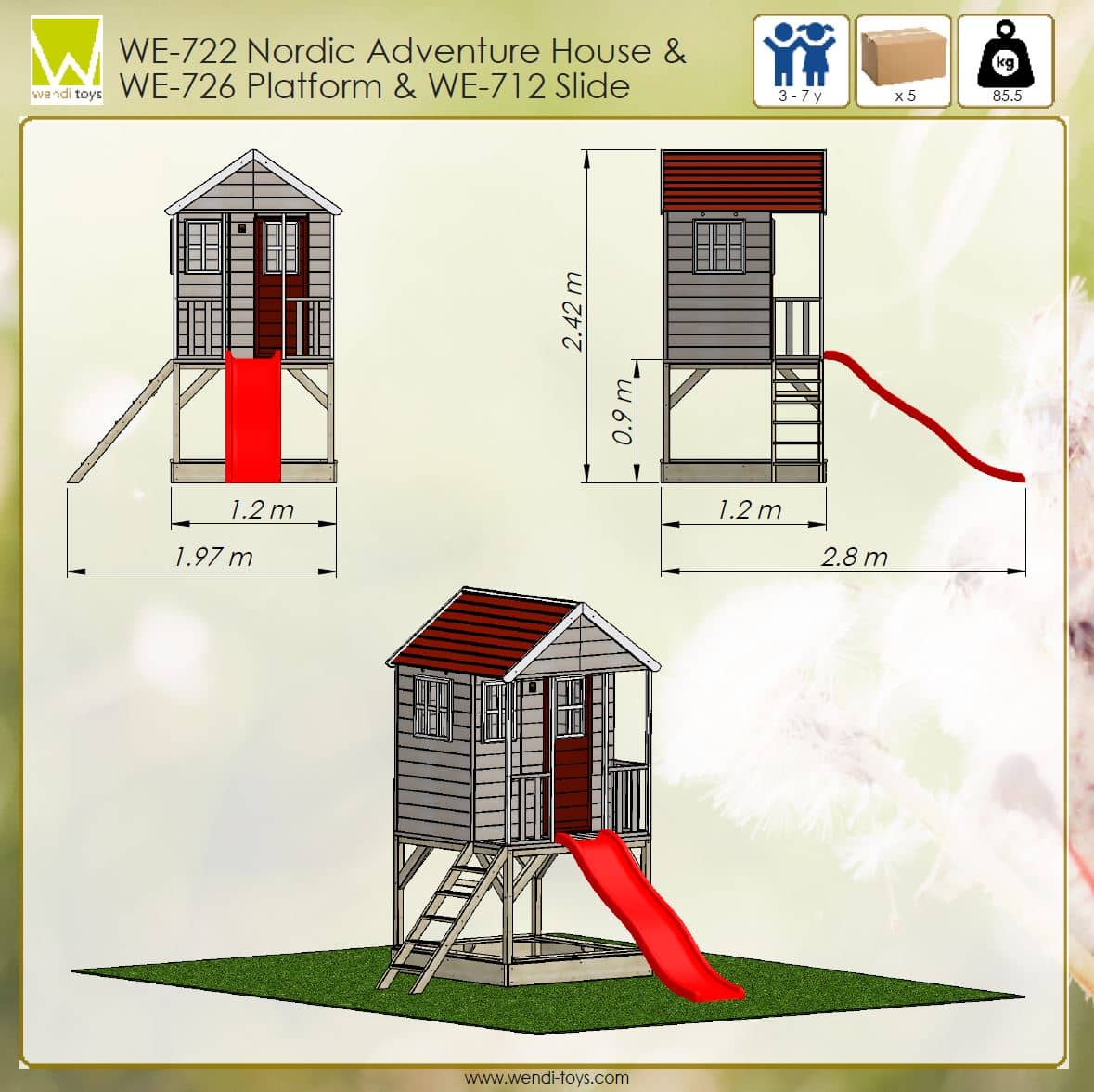 Wendi Toys WTM8 Houten Speelhuis met Glijbaan en Zandbak - 280x197x242 cm