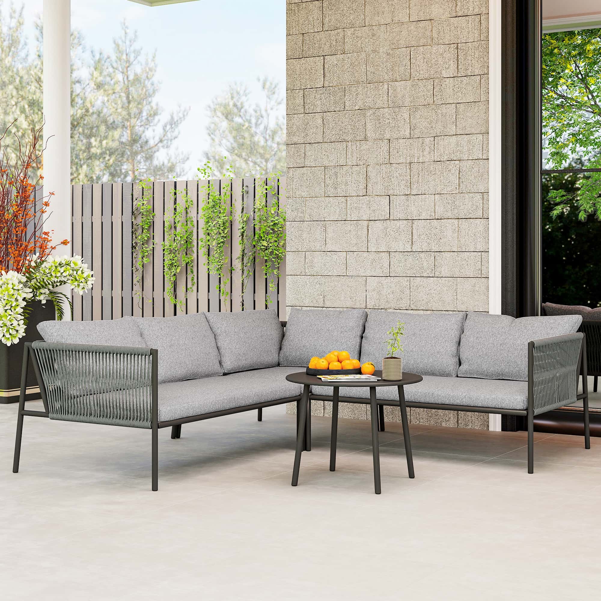 4goodz Tuinmeubelset voor 6 Personen Rattan Loungeset met Hoekbank met Tafel en Kussens