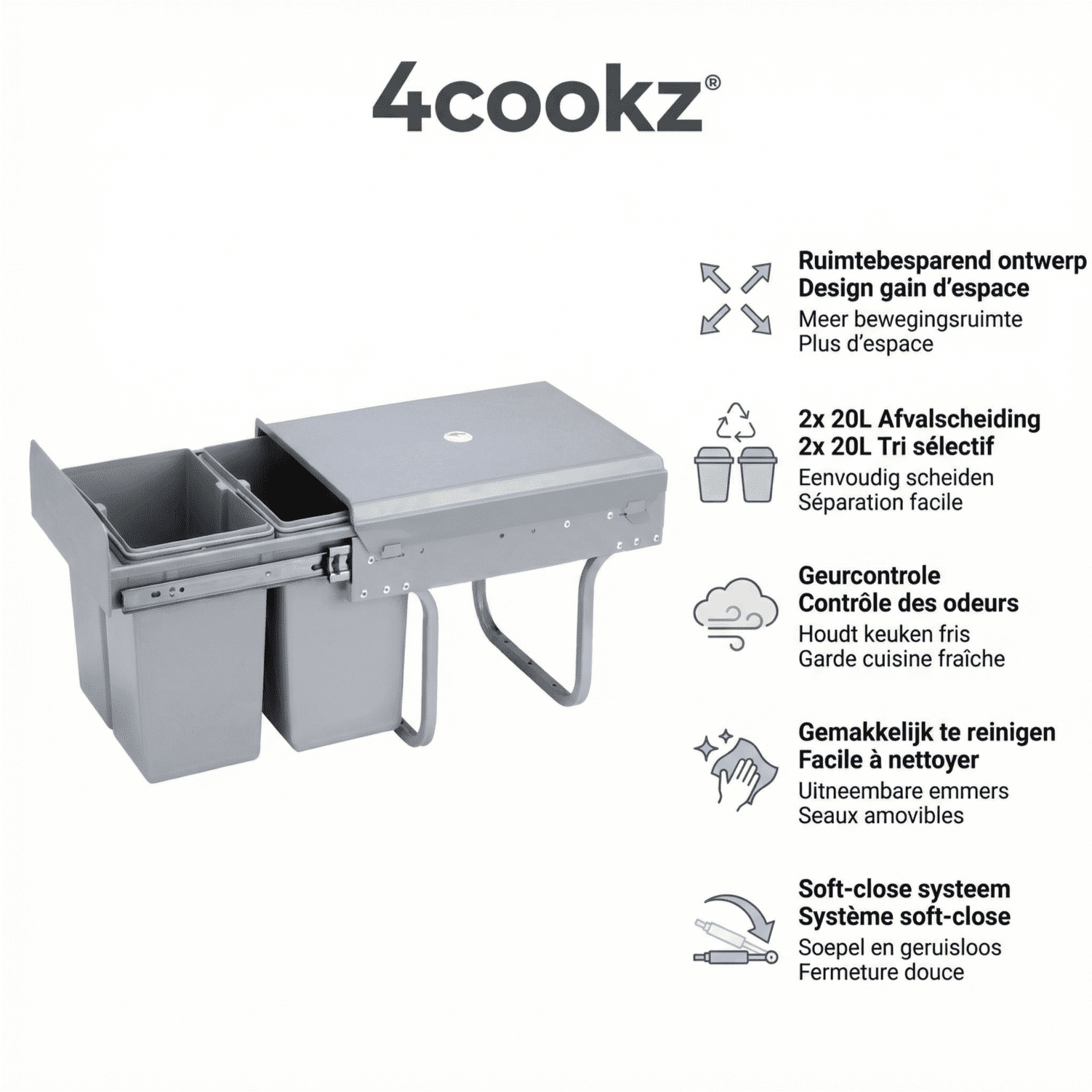 4cookz® Inbouw Prullenbak Duo 2 bakken Afvalscheiding 2x 20 liter - 34 cm breed