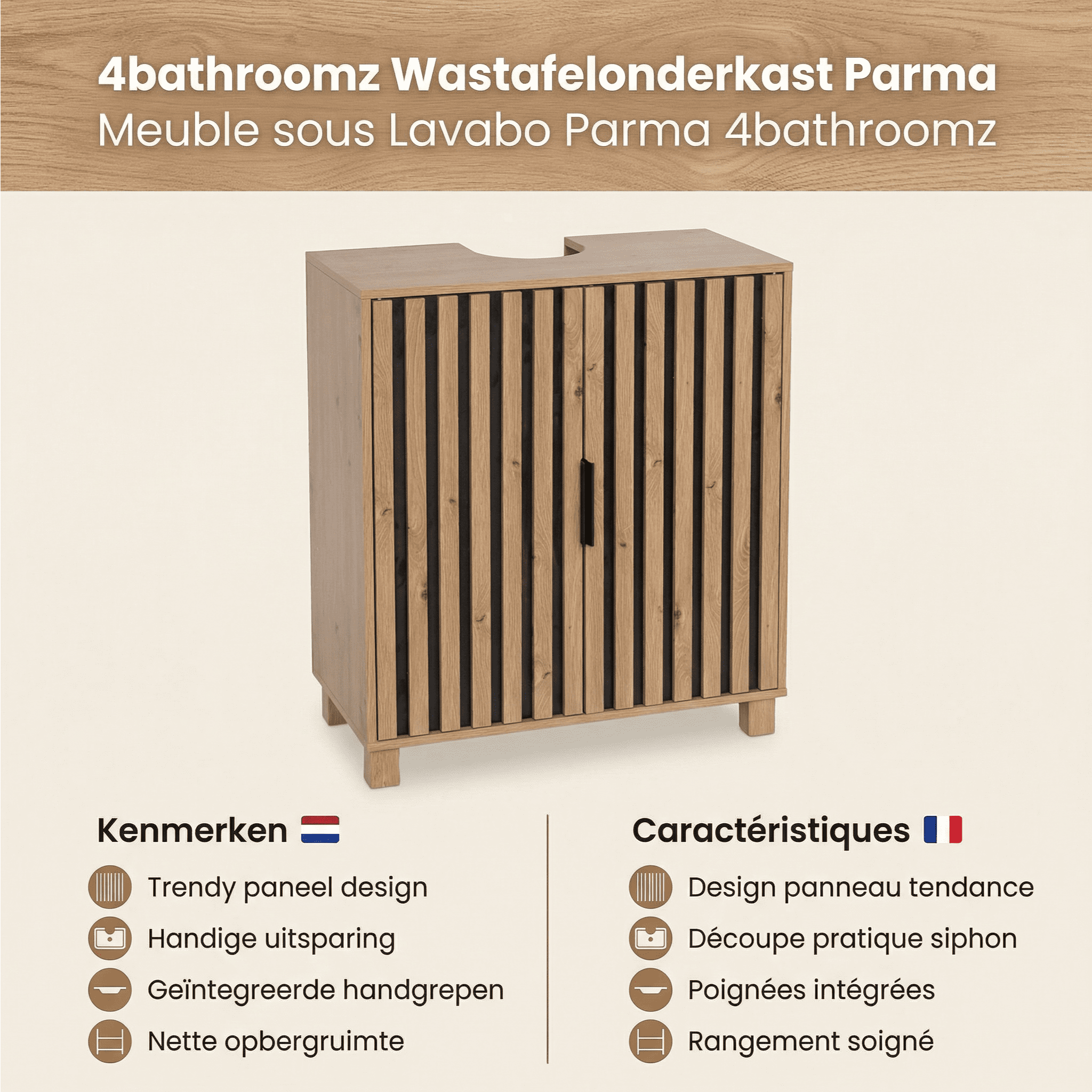 4bathroomz wastafelonderkast Parma Paneel design - 60x30x70cm - Bruin