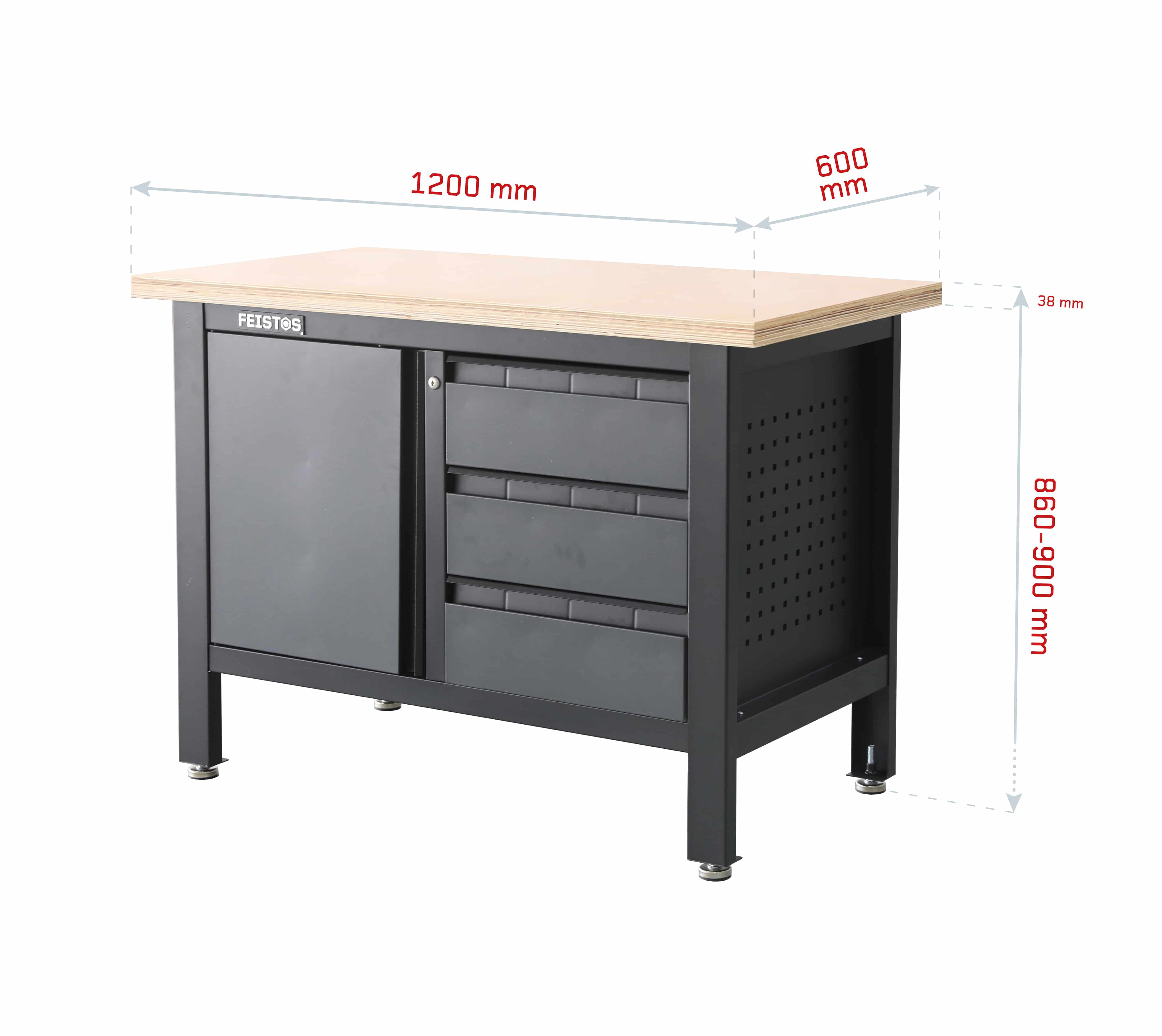 Feistos® Werkbank Tito 1 - met geperforeerde wand - Antraciet/zwart