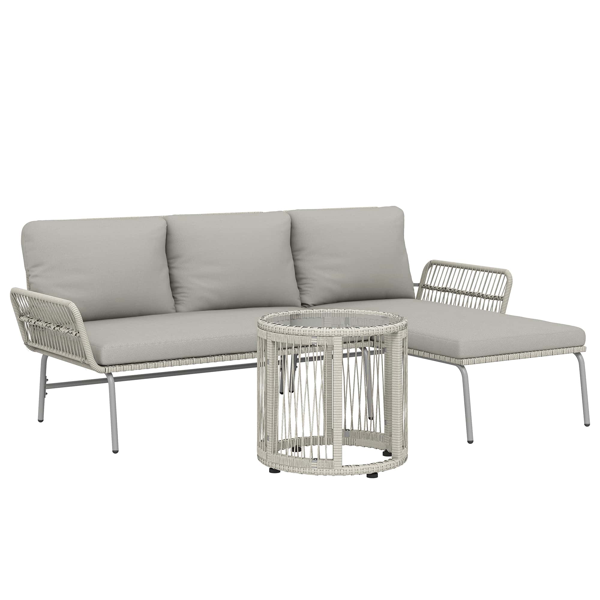 4goodz 3 persoons Loungeset met chaise longue en glazen tafel - afneembare kussens - Lichtgrijs