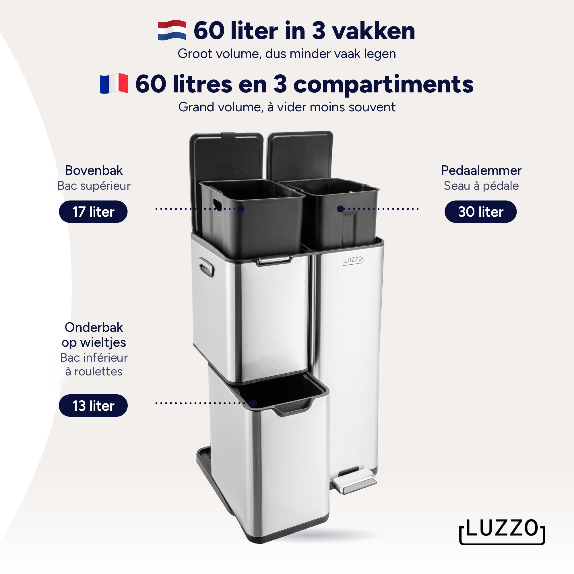 Luzzo Ohio Pedaalemmer Afvalscheiding 60 liter - 3 bakken - Zilver