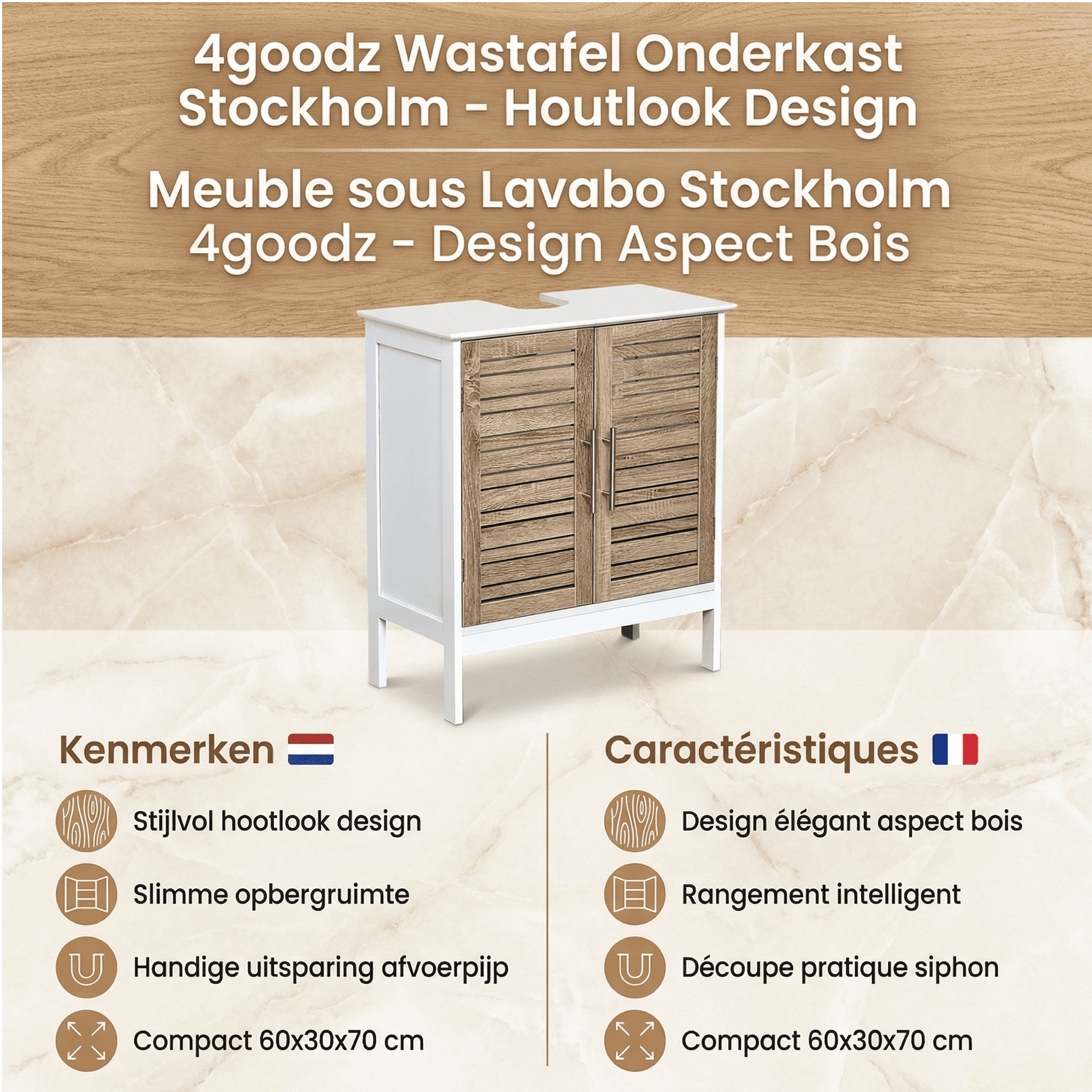 Wastafel Onderkast met Uitsparing Stockholm - Wit/Bruin Wastafel Onderkast met Uitsparing Stockholm - Wit/Bruin