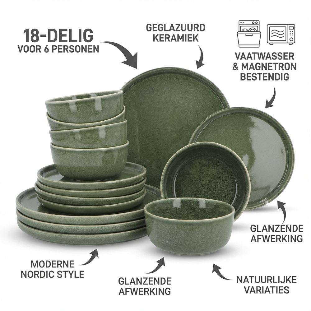 6 persoons 18-delig servies Terre Groen Geglazuurd Keramiek 6 persoons 18-delig servies Terre Groen Geglazuurd Keramiek