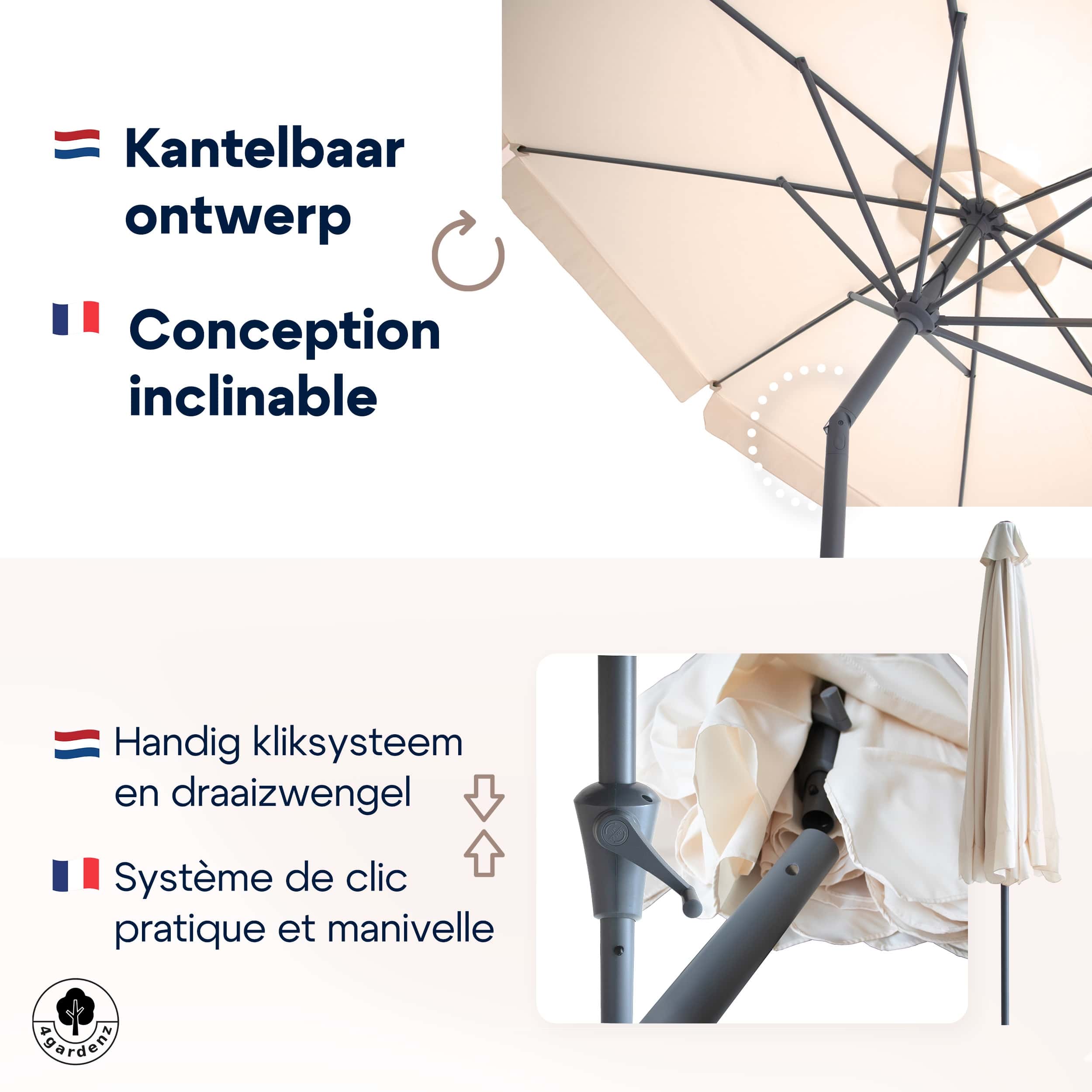 4gardenz® Parasol Rond 300 cm met Volant - Kantelbaar - UPF50+ - Creme