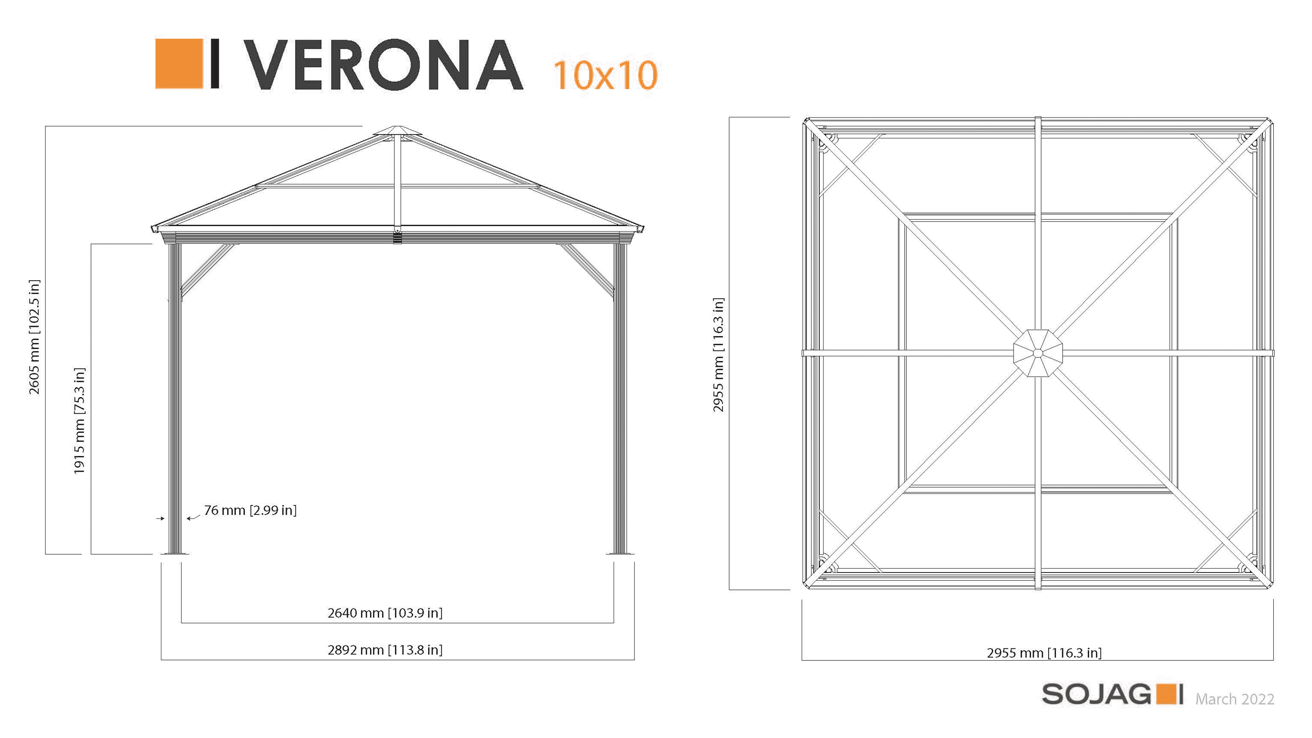 Sojag Aluminium Paviljoen Verona 1010 met Klamboe - 298x298x260 cm Sojag Aluminium Paviljoen Verona 1010 met Klamboe - 298x298x260 cm