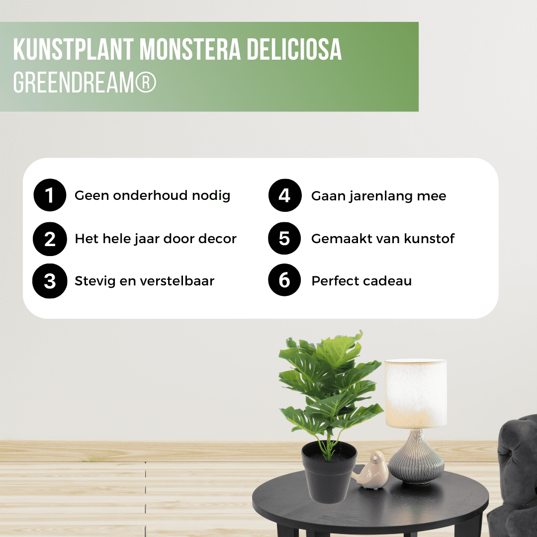 Greendream Kunstplant - Monstera Deliciosa - Gatenplant - Kamerplant - 30 cm