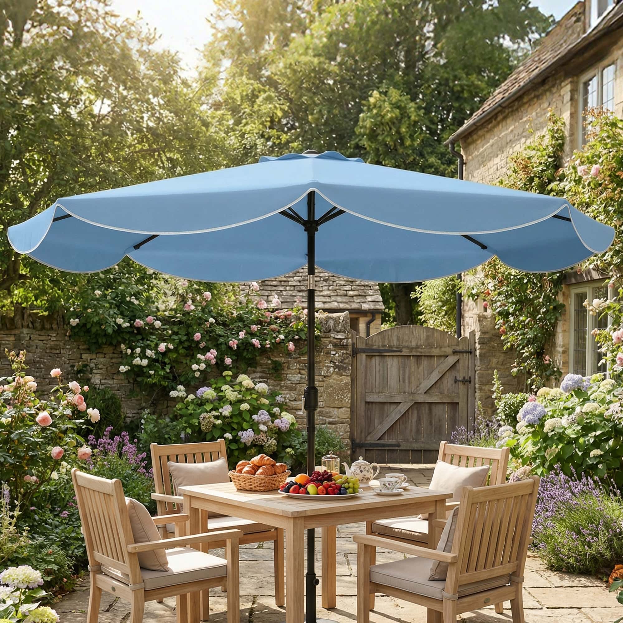 4goodz Parasol met Volant en kantfranjes Ø265 cm - kantelbaar - Blauw