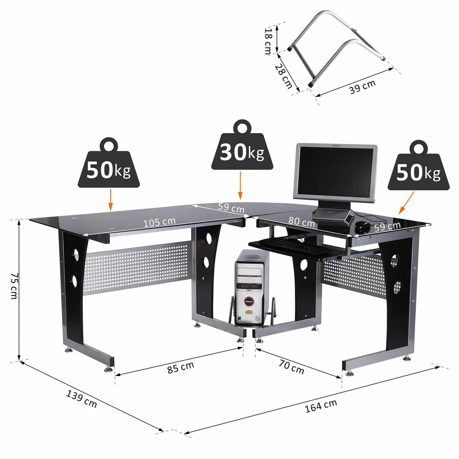 Hoekbureau - PC-tafel L-vormig met Veiligheidsglas - 164x139x75 cm