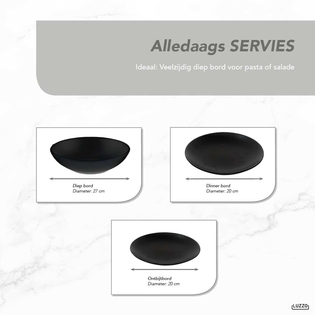 Luzzo® Serviesset Aland 6 persoons Aardewerk - 18-delig met Pastaborden - Mat Zwart