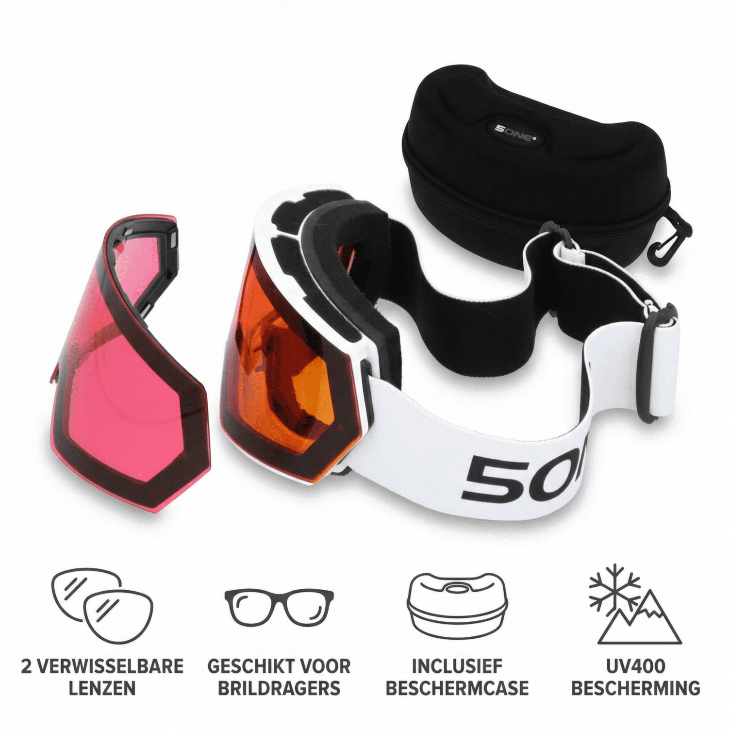 5one® Skibril Alpine 6 Raspberry Skibril met 2 Lenzen - wit montuur