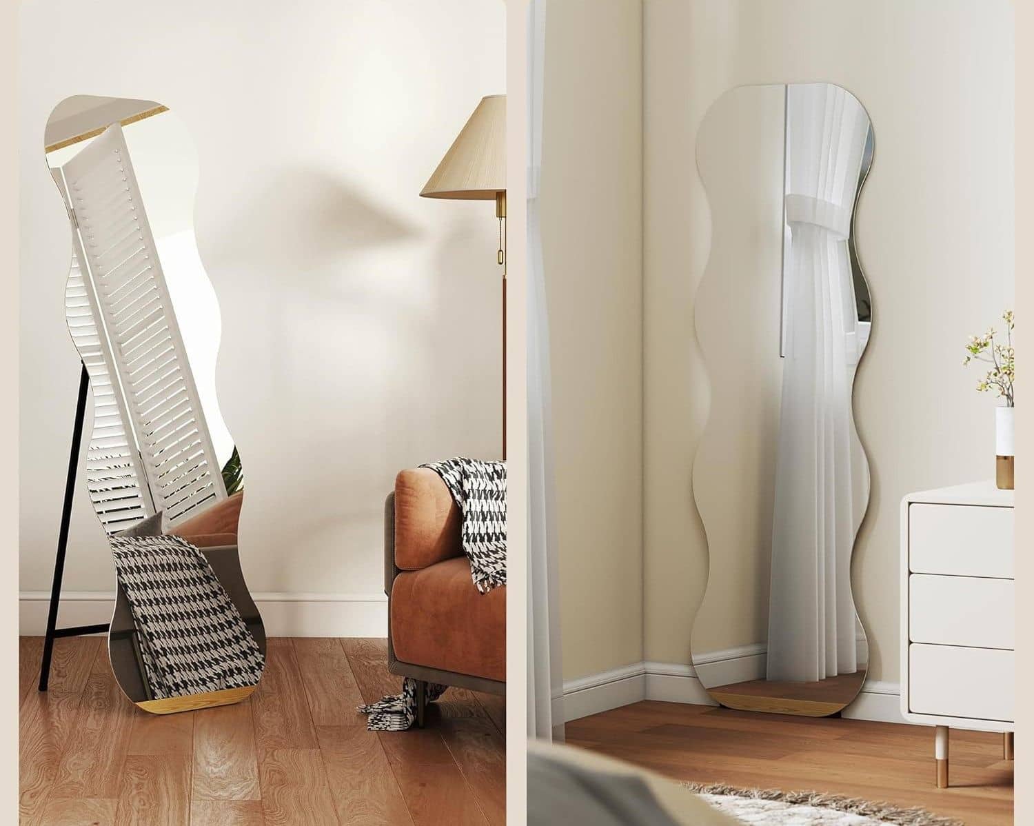 4goodz Frameloze Passpiegel 160x50 cm met houten voet - golfvormig 4goodz Frameloze Passpiegel 160x50 cm met houten voet - golfvormig