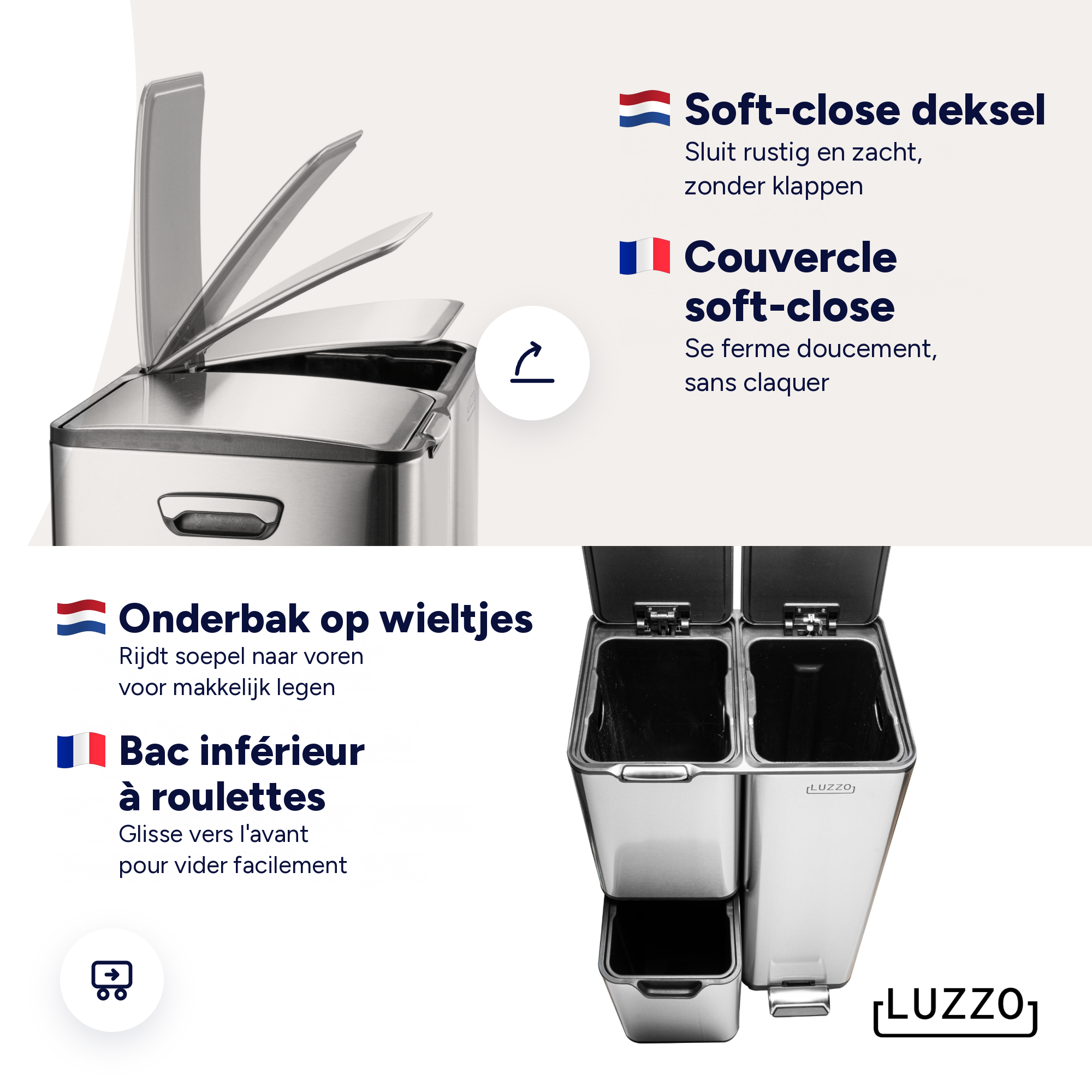 Luzzo Ohio Pedaalemmer Afvalscheiding 60 liter - 3 bakken - Zilver