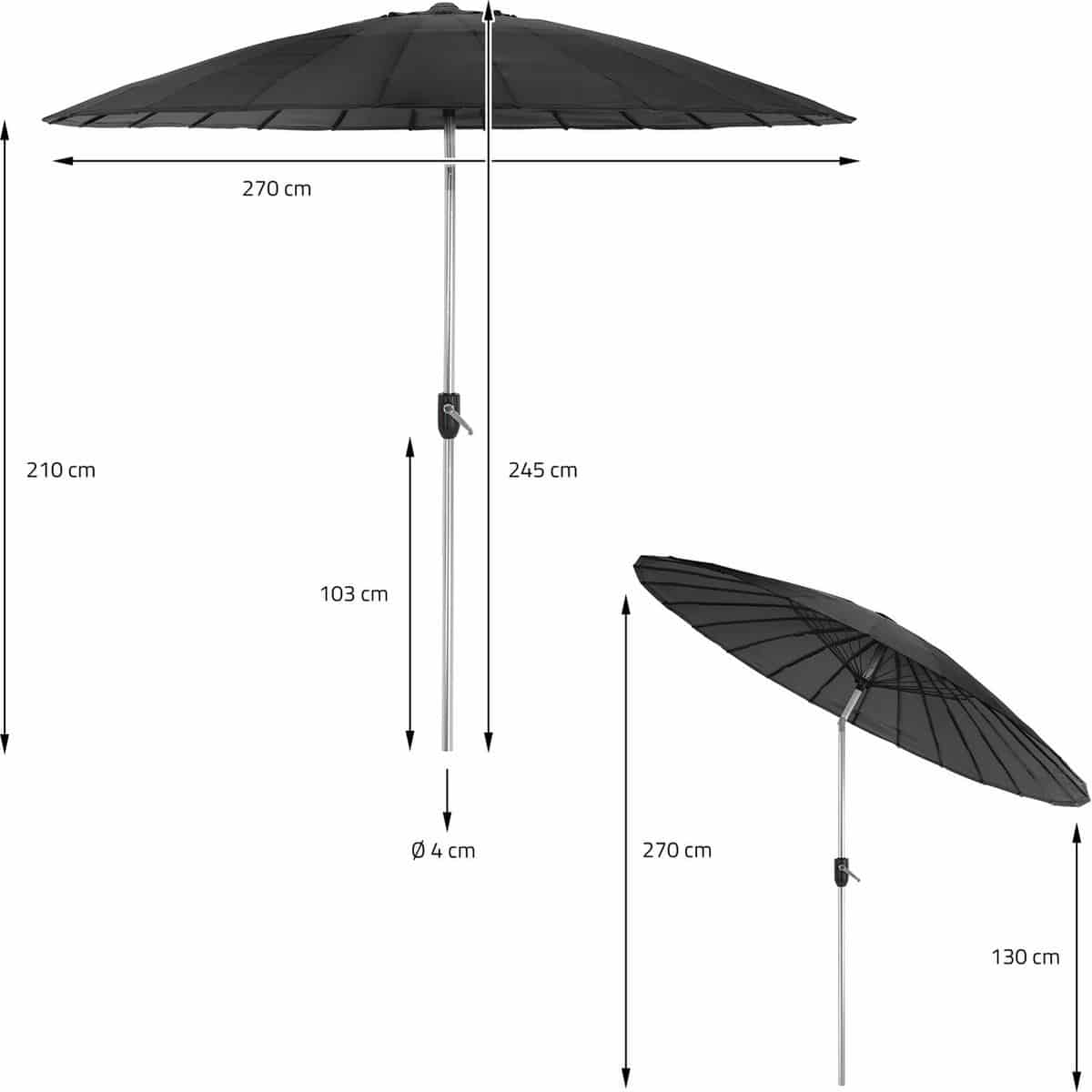 Parasol Shanghai 270 cm met Aluminium buis - kleur Charcoal