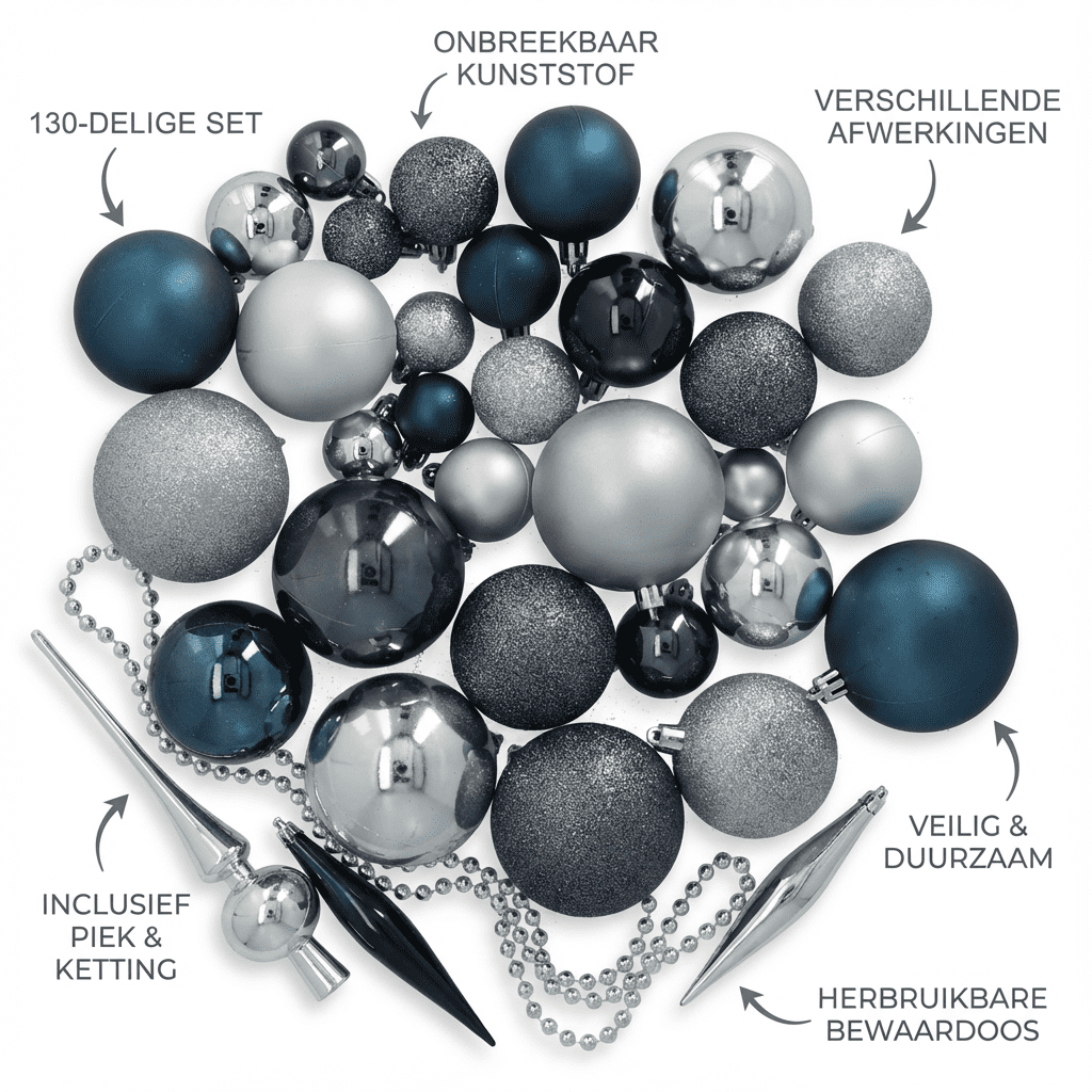 4seasonz® Kerstballen set 130 Kunststof - Ballen, Piek en snoer - Zilver/Blauw 4seasonz® Kerstballen set 130 Kunststof - Ballen, Piek en snoer - Zilver/Blauw