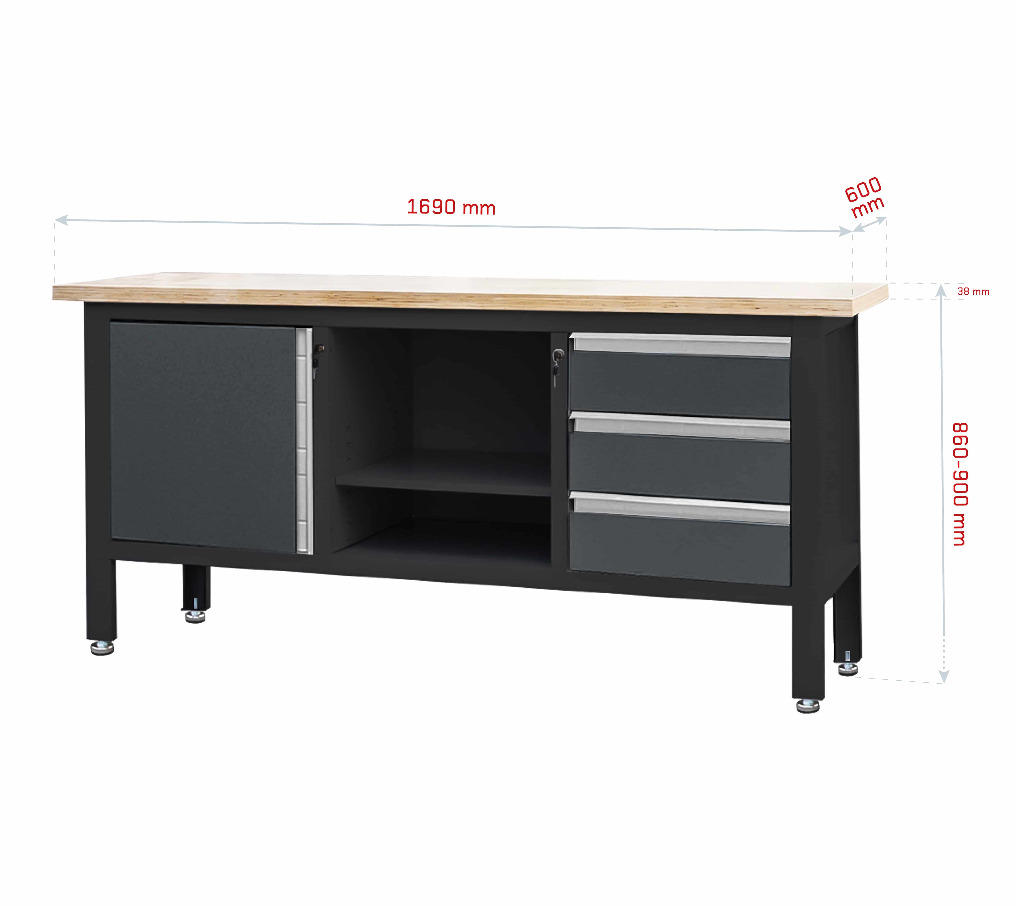 Feistos Werkbank Heros 1 inclusief geperforeerde wand 169x60x87cm - Antraciet/zwart