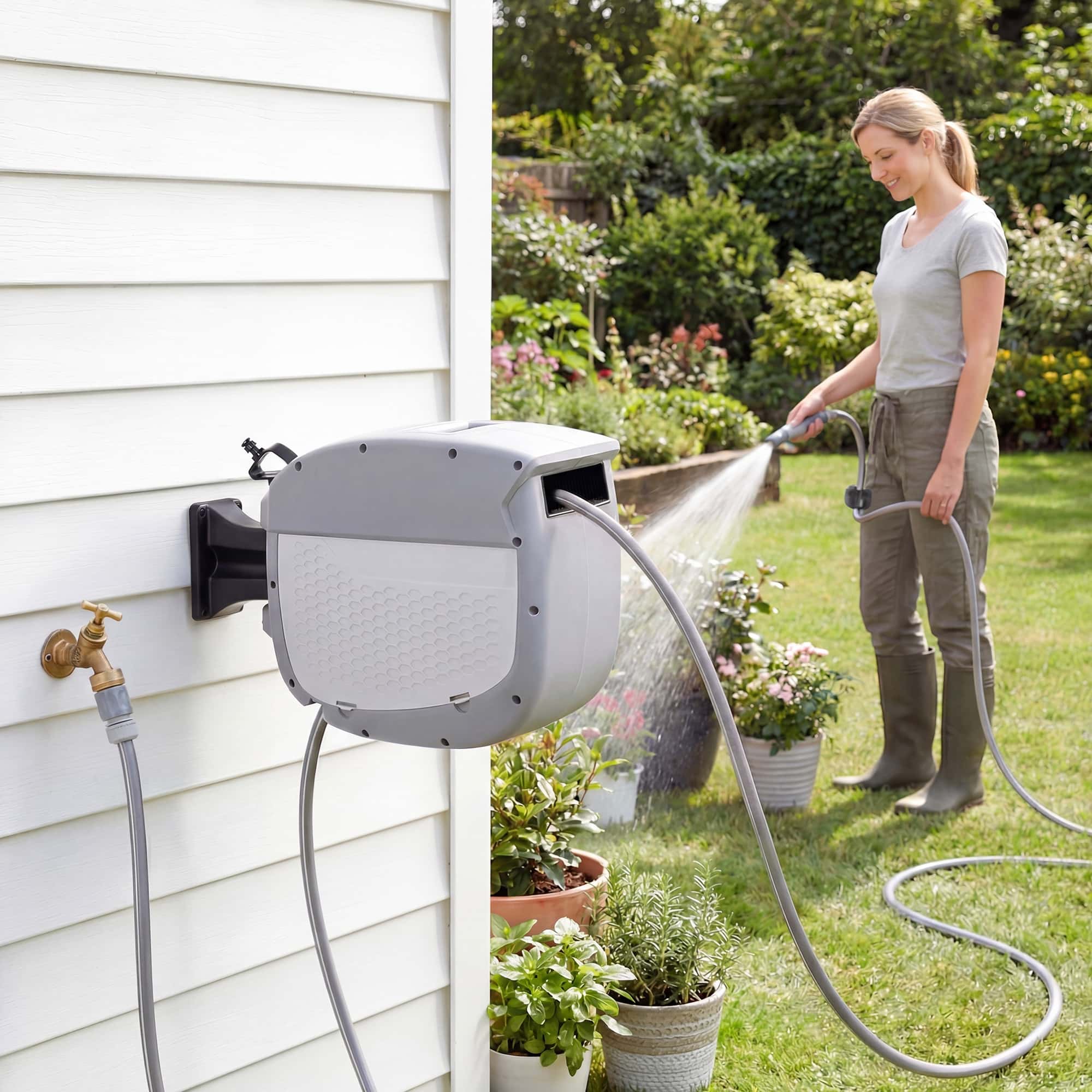 4goodz Wandbox Slanghaspel met tuinslang 30 m -180° draaibaar met oprolfunctie