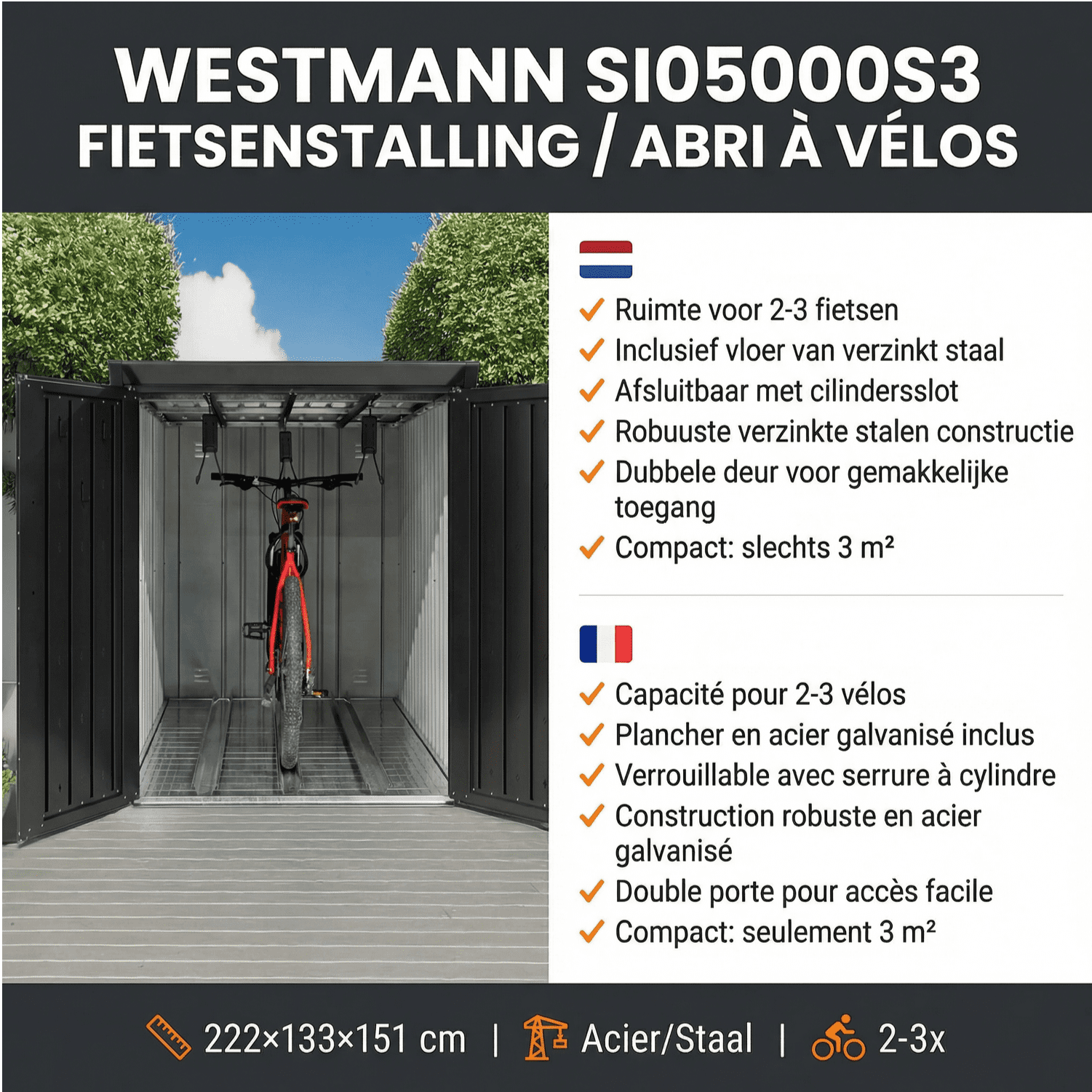 Westmann Velos 1 - Fietsenberging met Vloerplaten 222x131x151 cm - Antraciet