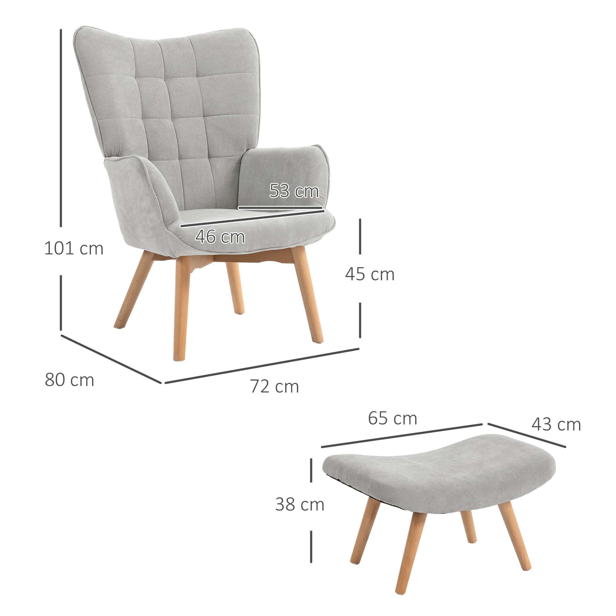 4goodz Oor-Fauteuil met Voetenbank Ribfluweel Optiek - Grijs