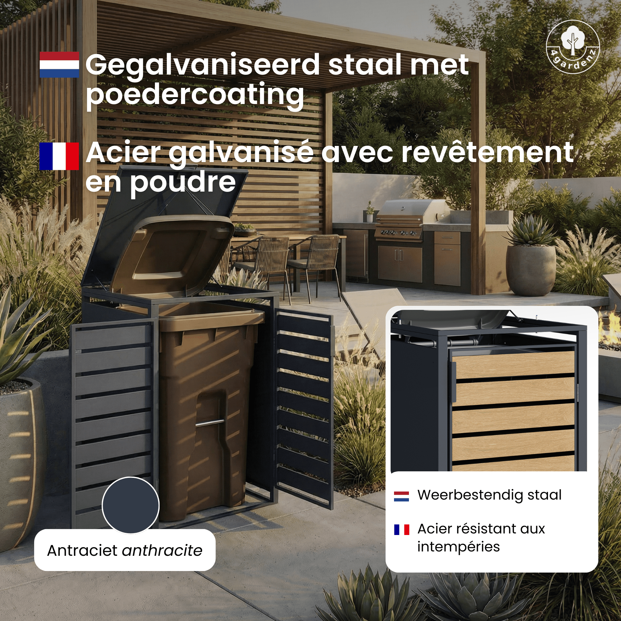 4gardenz® Premium Kliko Ombouw 3 bakken - Containerombouw - Grijs/Houtlook