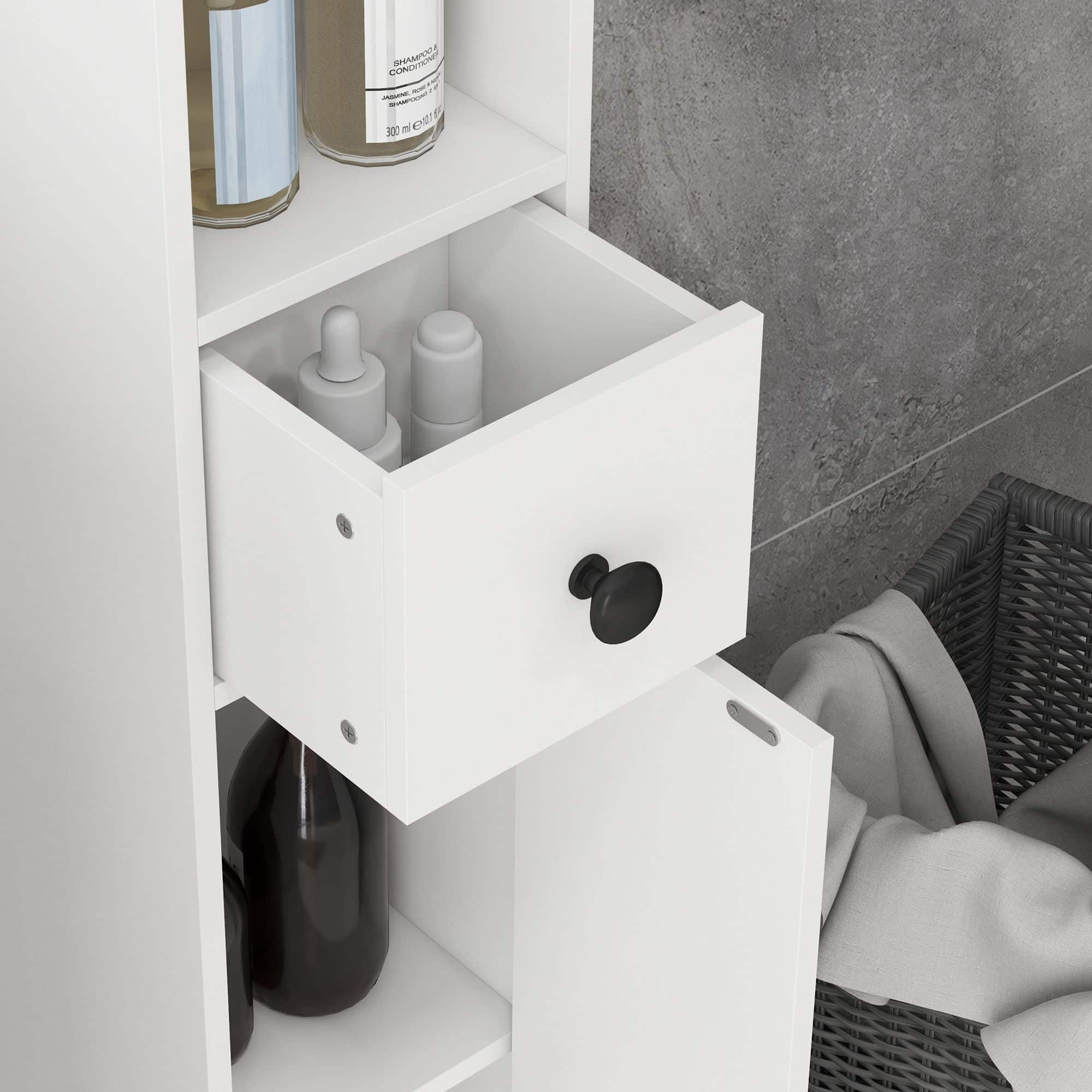 Badkamerkast Smal - 4 planken - lade en 2 draaideuren - Wit