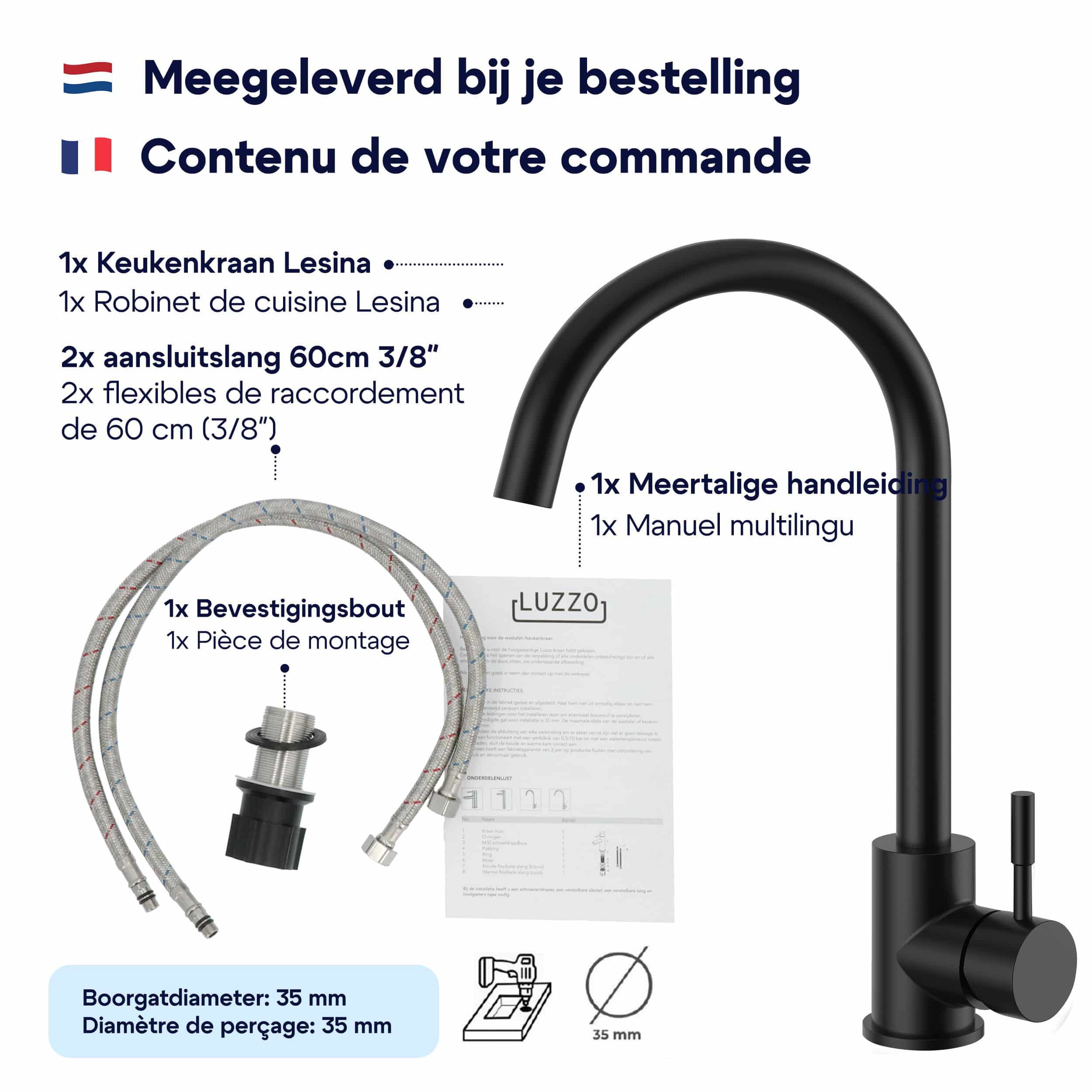 Luzzo® Lesina Keuken mengkraan Mat Zwart – hoog model ronde uitloop - 100% roestvrij staal (RVS) - strak modern design Luzzo® Lesina Keuken mengkraan Mat Zwart – hoog model ronde uitloop - 100% roestvrij staal (RVS) - strak modern design