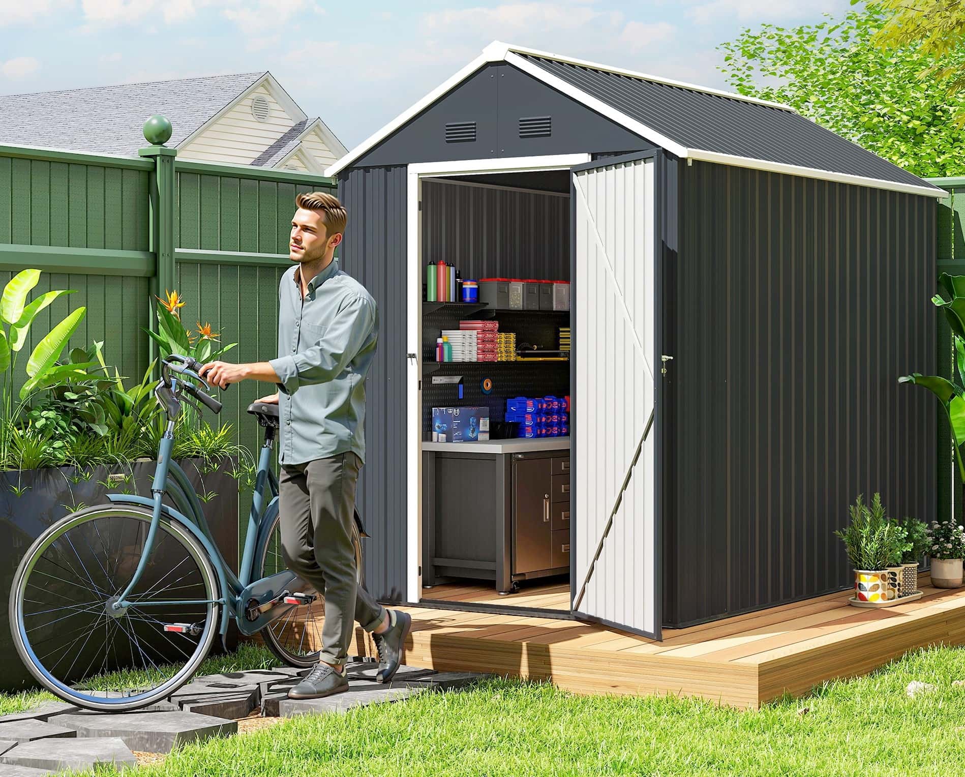 4goodz Metalen Gereedschapsschuur Tuinschuur met raam - donkergrijs